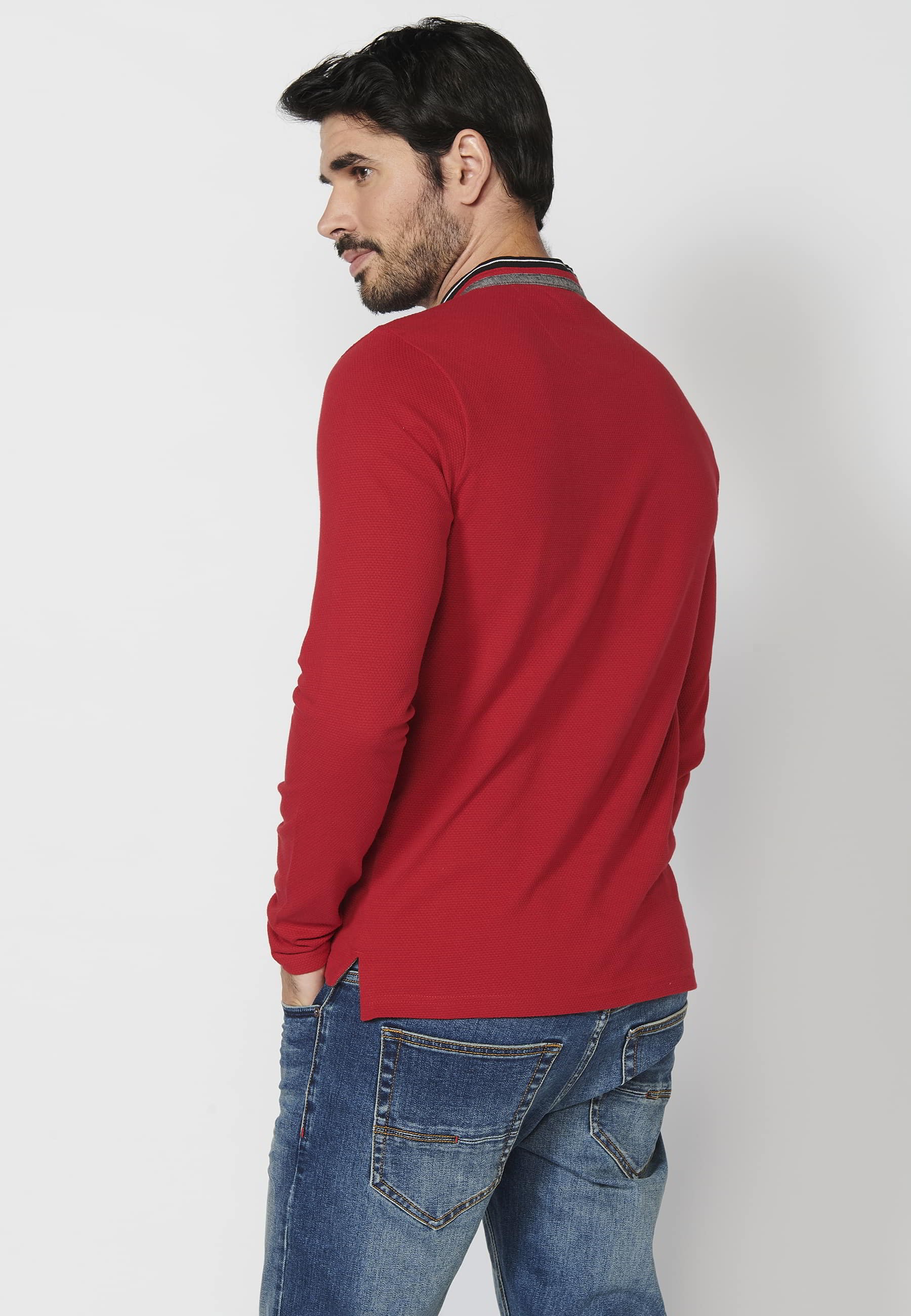 Polo de manga larga de algodón cuello redondo con abertura abotonada color rojo para hombre | Ropa Casual