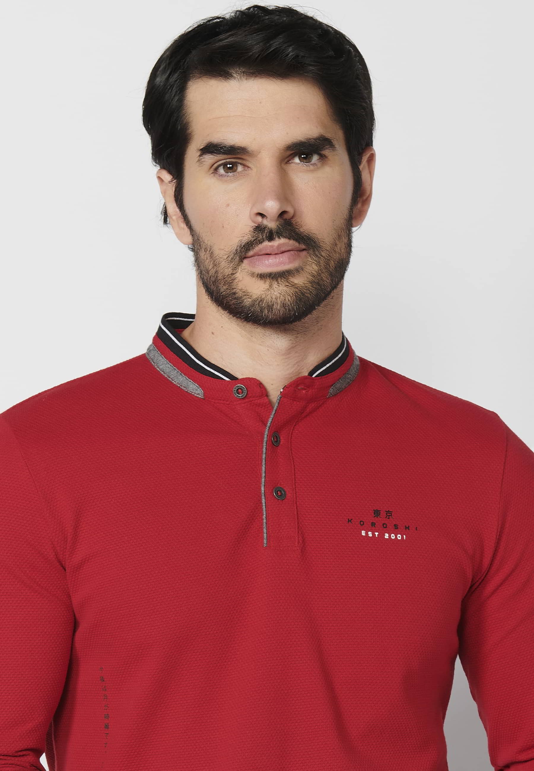 Polo de manga larga de algodón cuello redondo con abertura abotonada color rojo para hombre | Ropa Casual