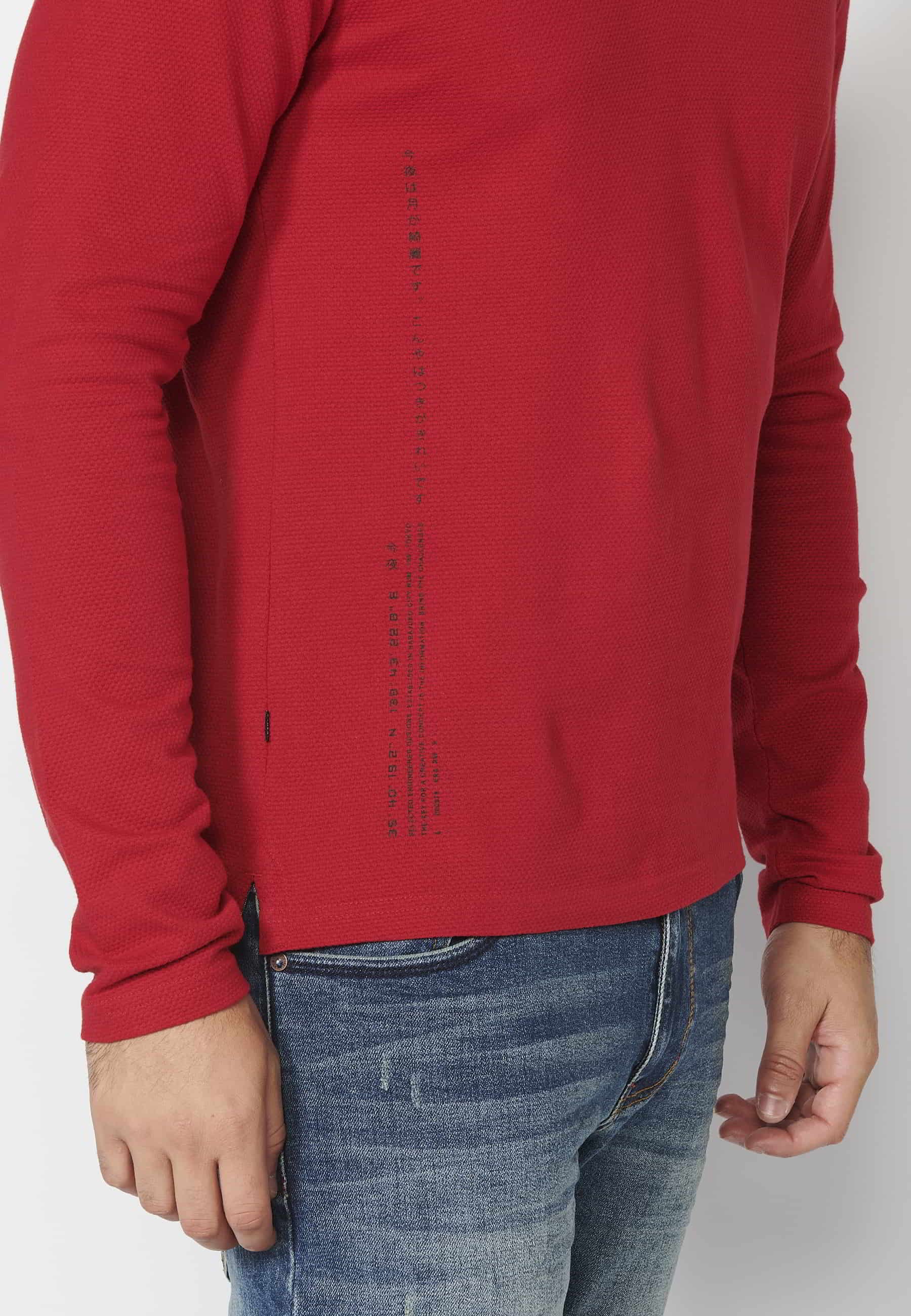 Polo de manga larga de algodón cuello redondo con abertura abotonada color rojo para hombre | Ropa Casual