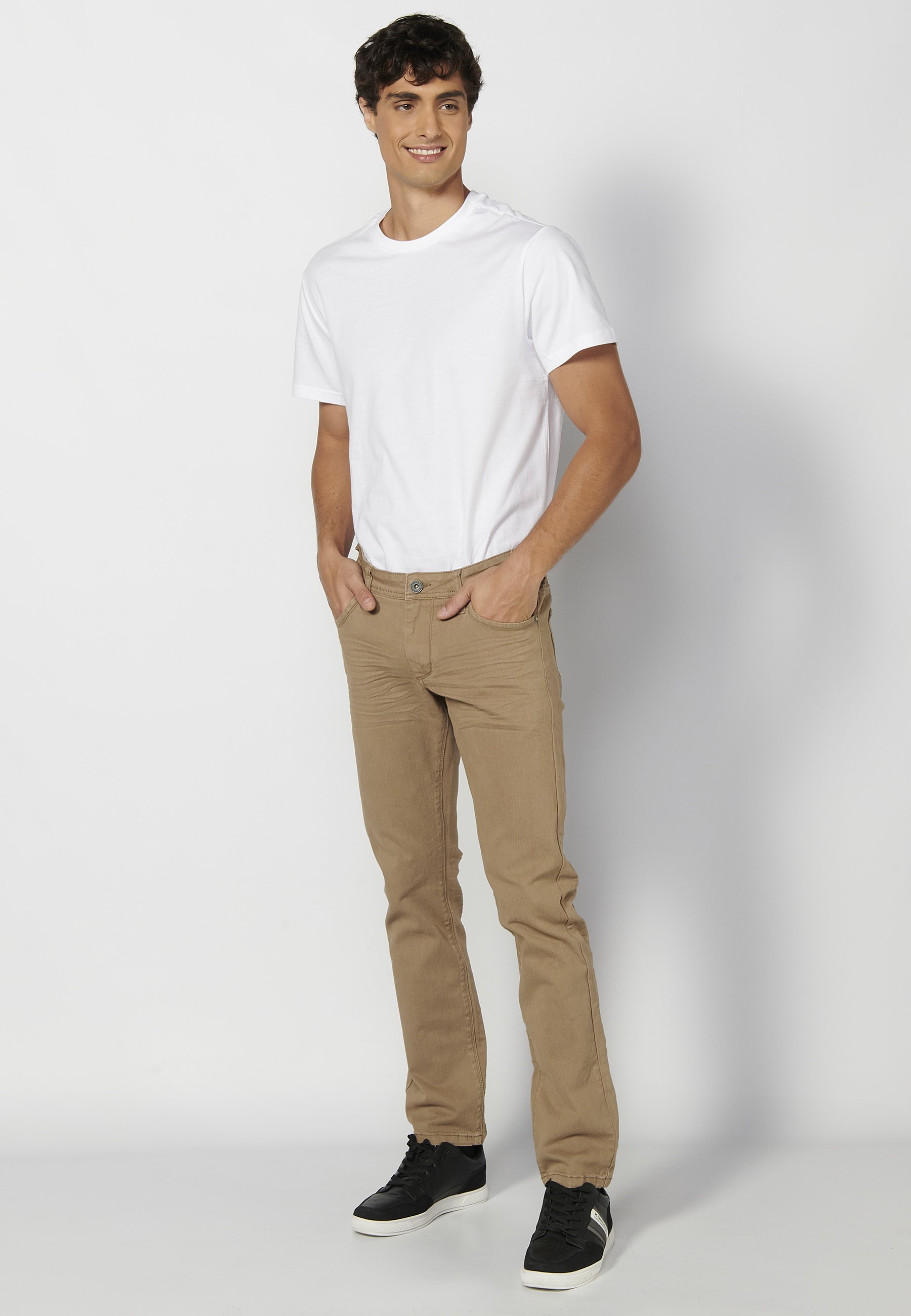 Regular fit stretch long pants, with five pockets, Beige color, for Men