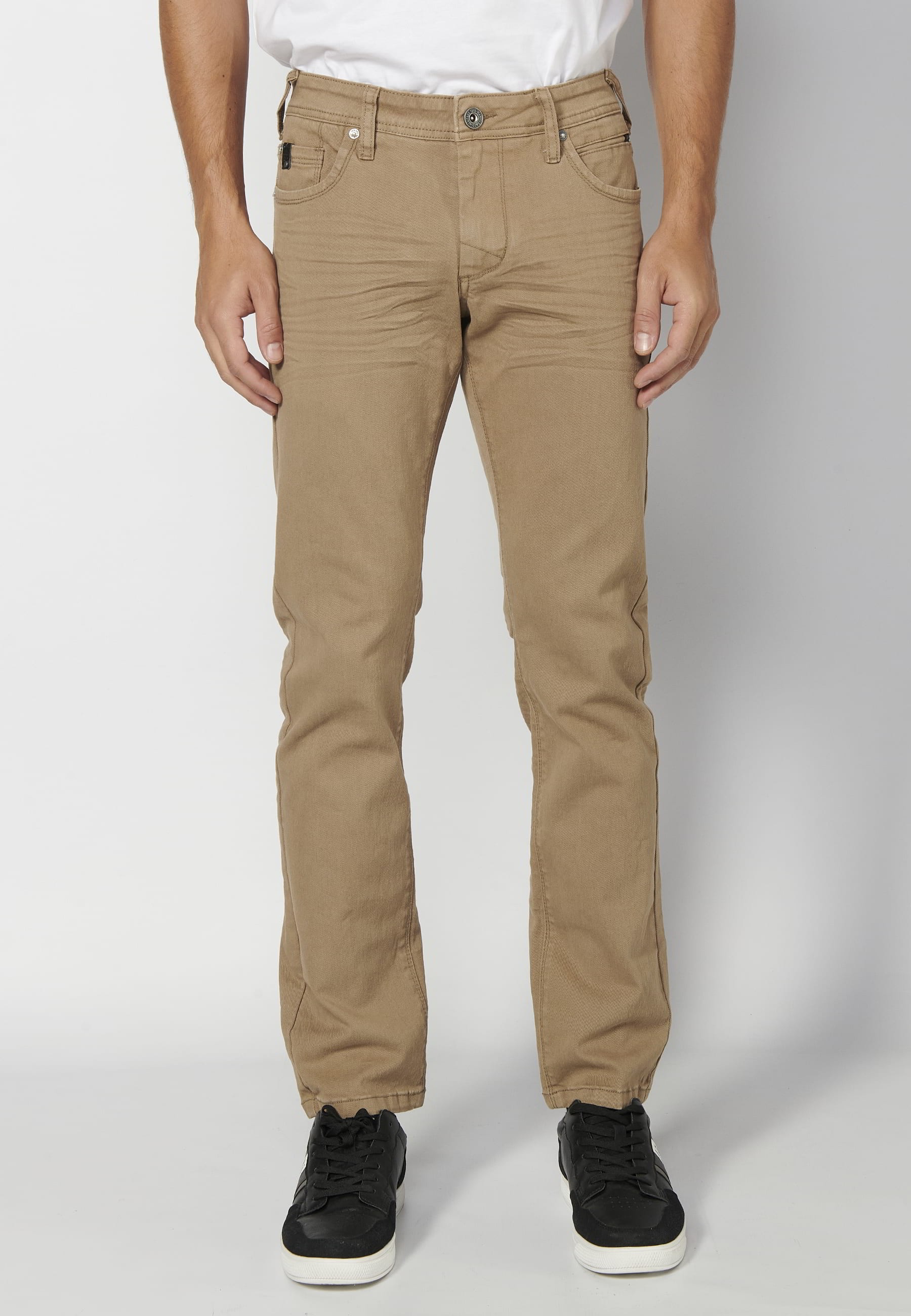 Regular fit stretch long pants, with five pockets, Beige color, for Men 4