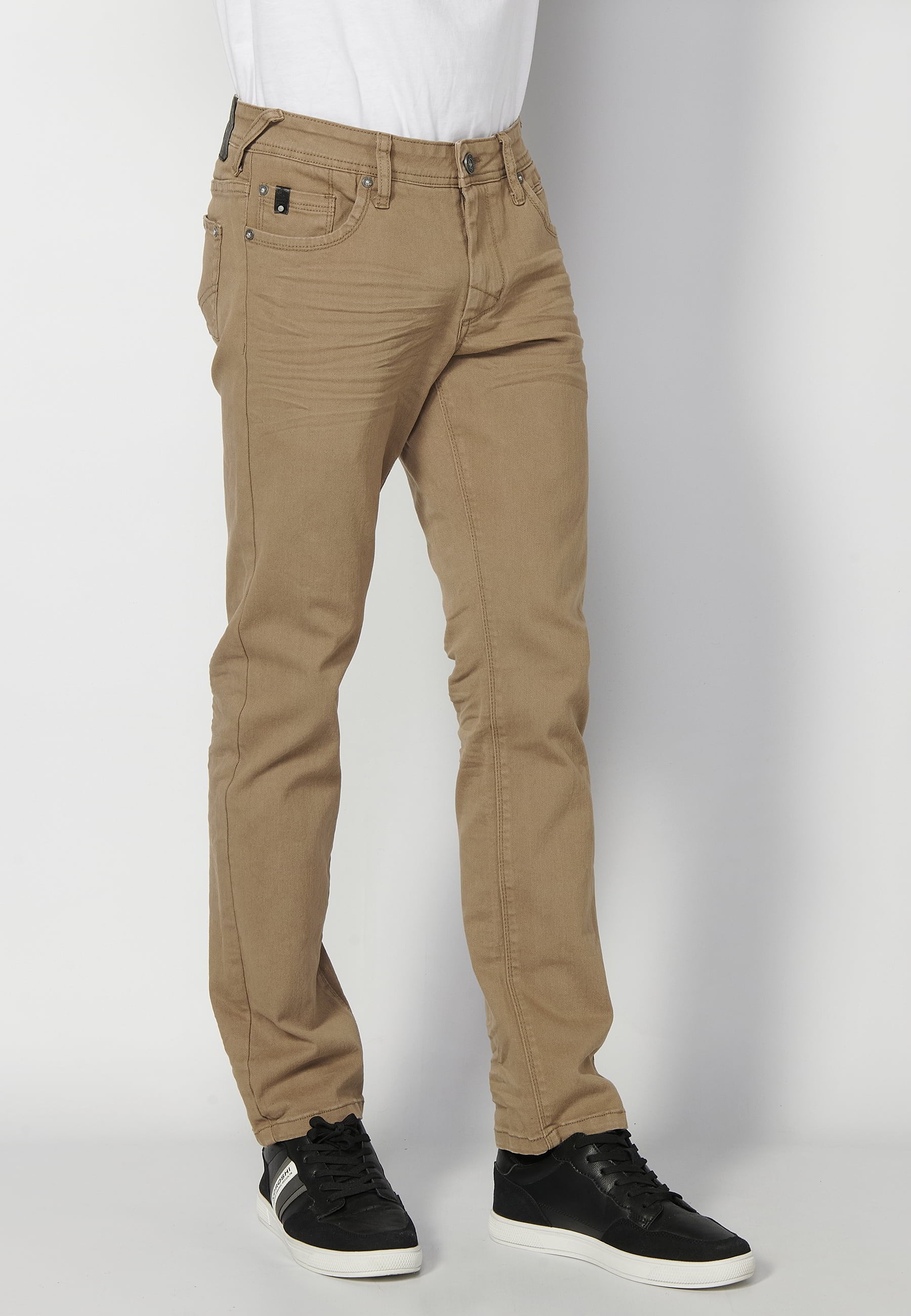 Pantalons llargs strech regular fit, amb cinc butxaques, color Beige, per a Home 3