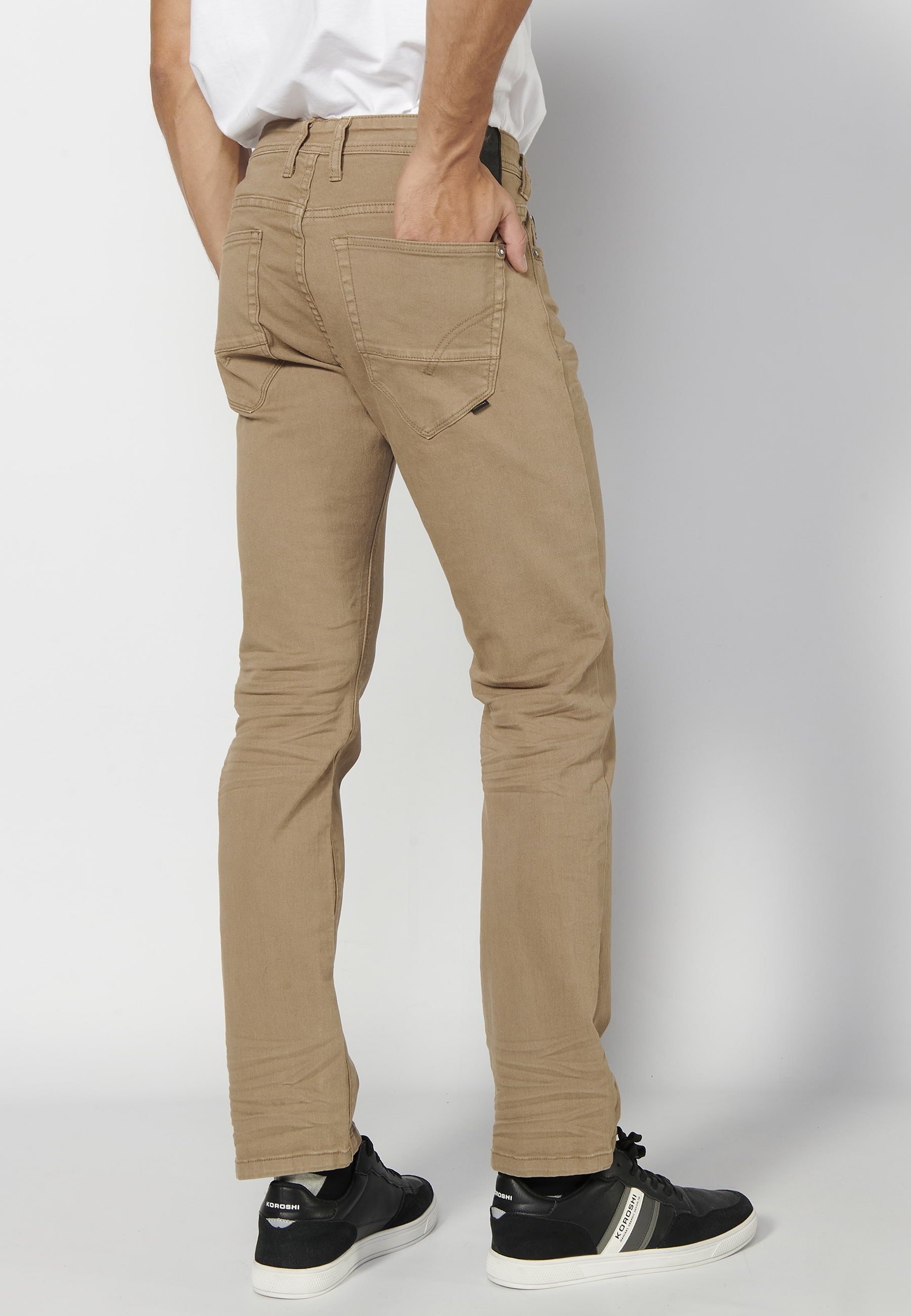 Regular fit stretch long pants, with five pockets, Beige color, for Men 5