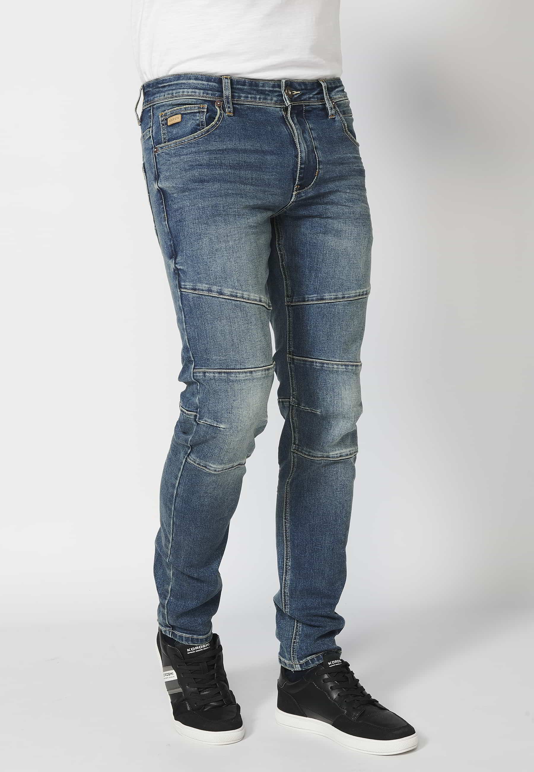 Pantalon en jean biker coupe skinny bleu avec détails aux genoux et cinq poches pour Homme 1