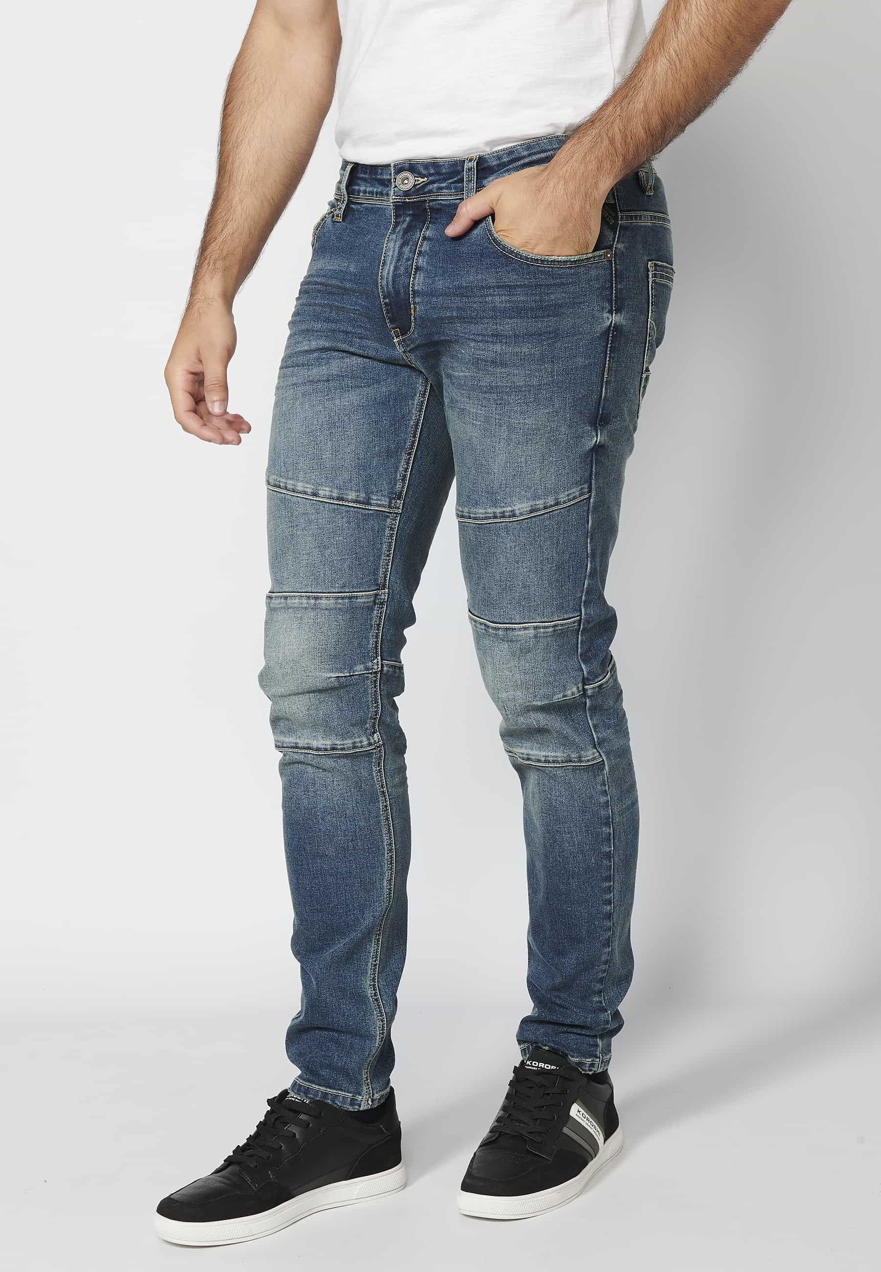 Pantalon en jean biker coupe skinny bleu avec détails aux genoux et cinq poches pour Homme 4