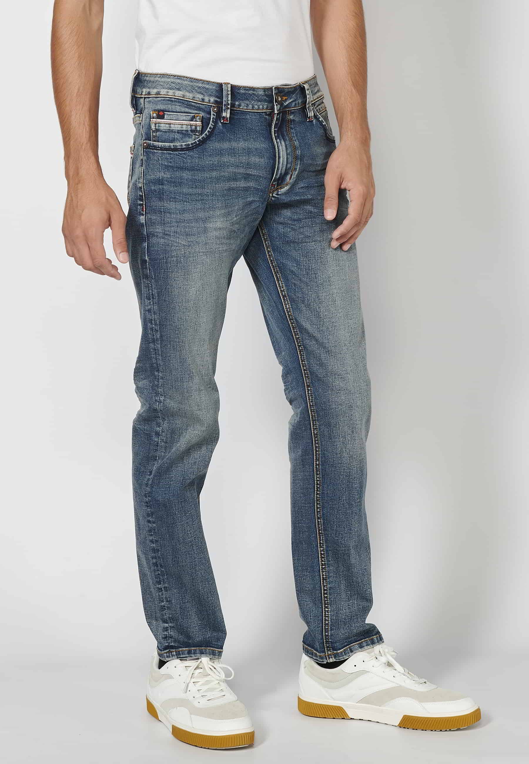 Long stretch regular fit distressed five-pocket blue pants for Men 1