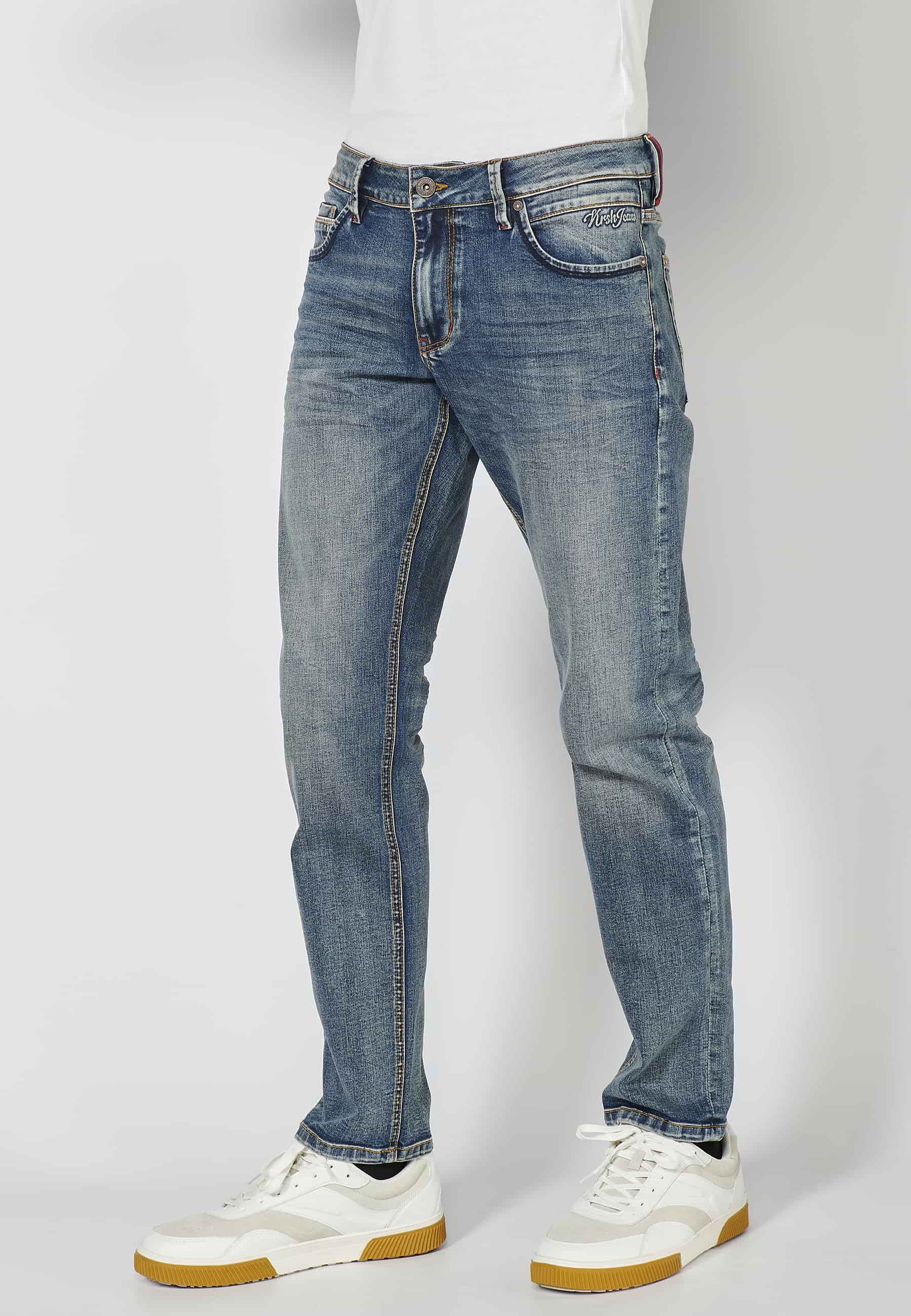 Long stretch regular fit distressed five-pocket blue pants for Men 2