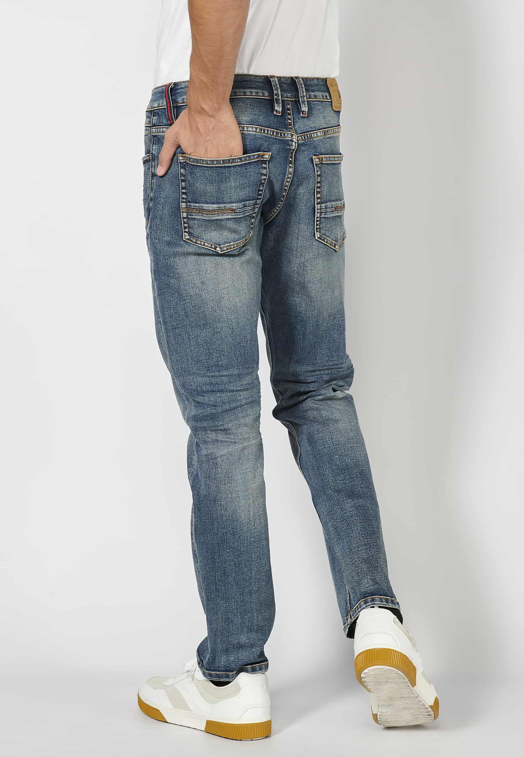 Long stretch regular fit distressed five-pocket blue pants for Men 4