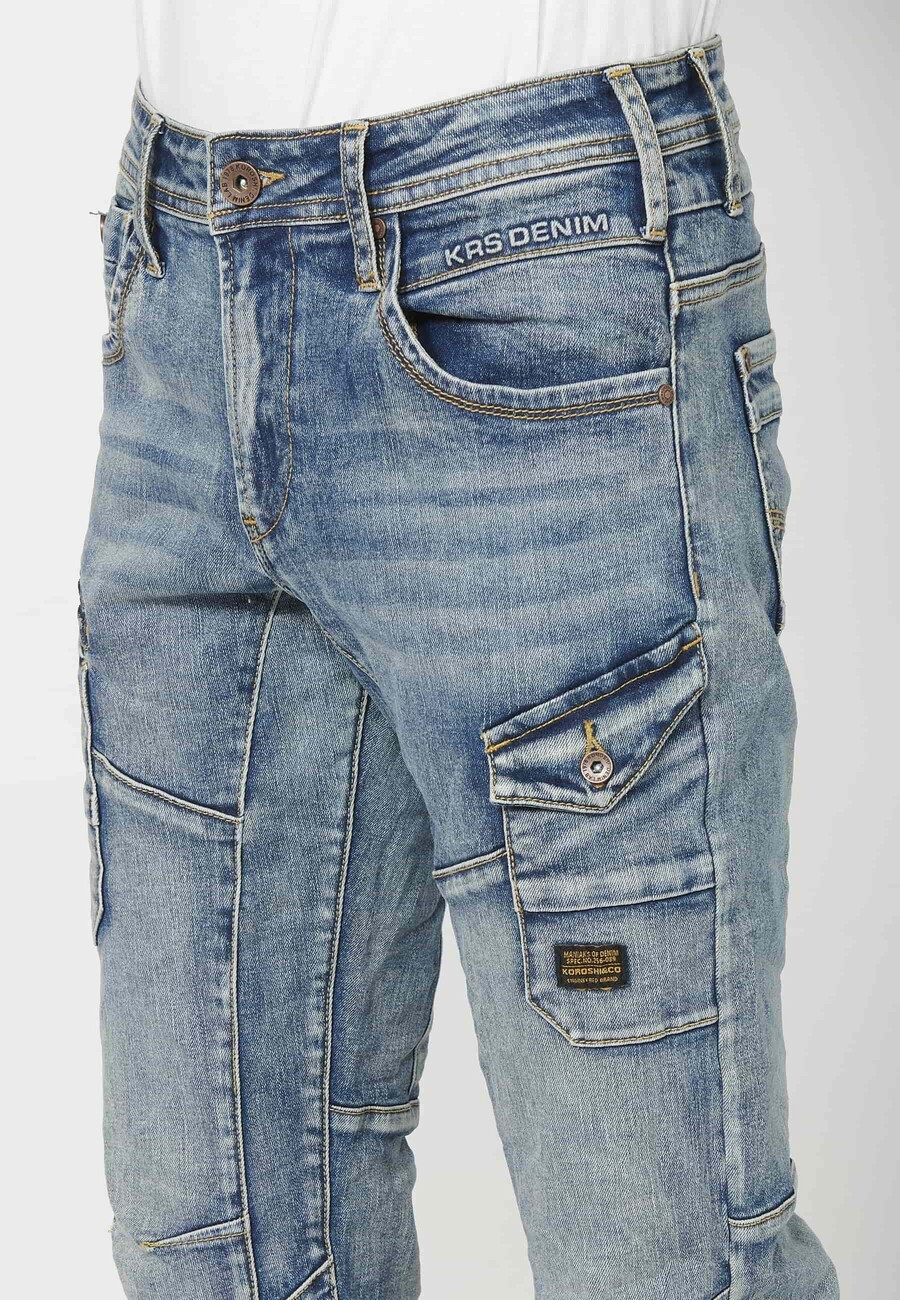 Light Blue long regular fit workwear pants with four pockets for Men 8