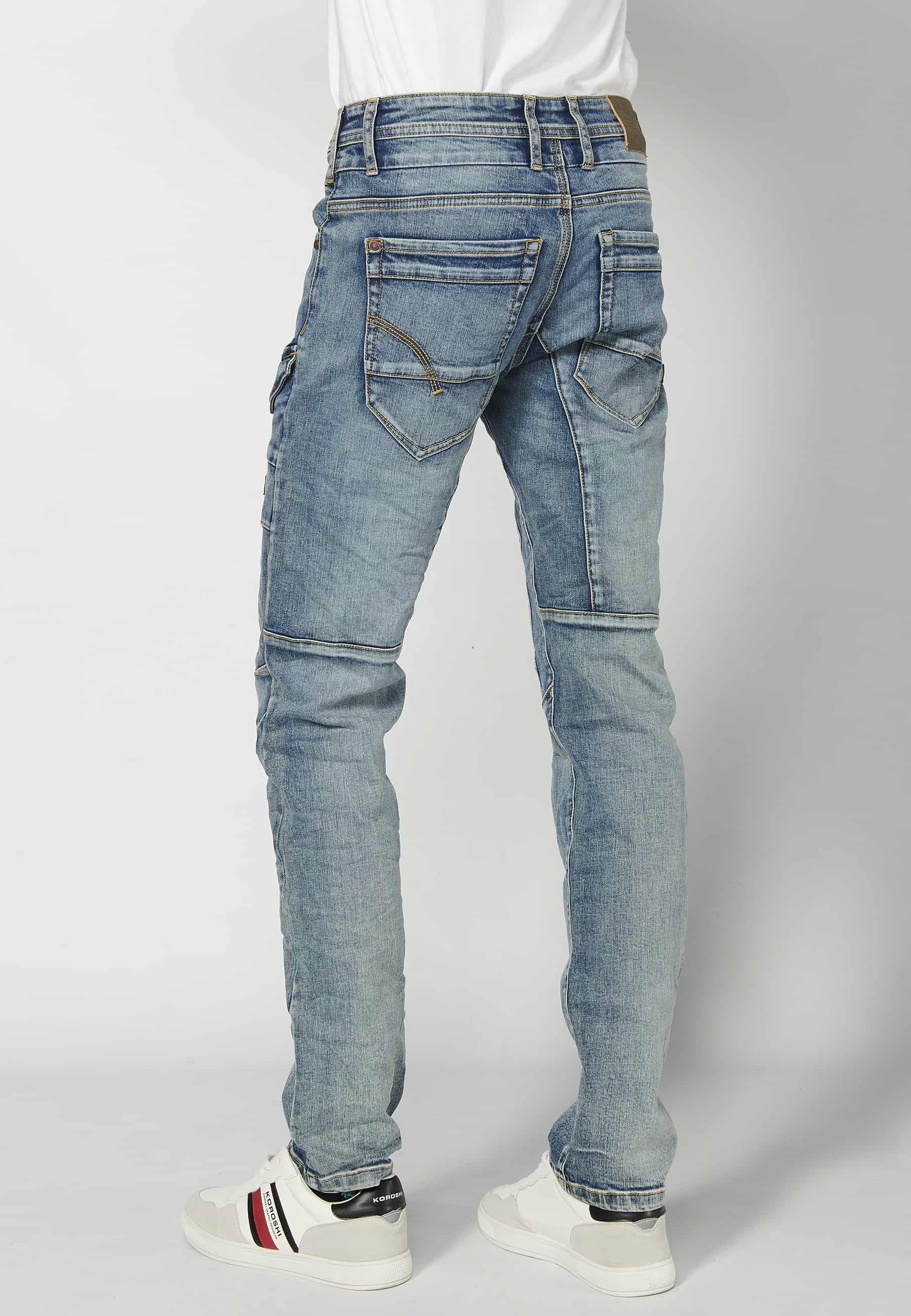 Light Blue long regular fit workwear pants with four pockets for Men