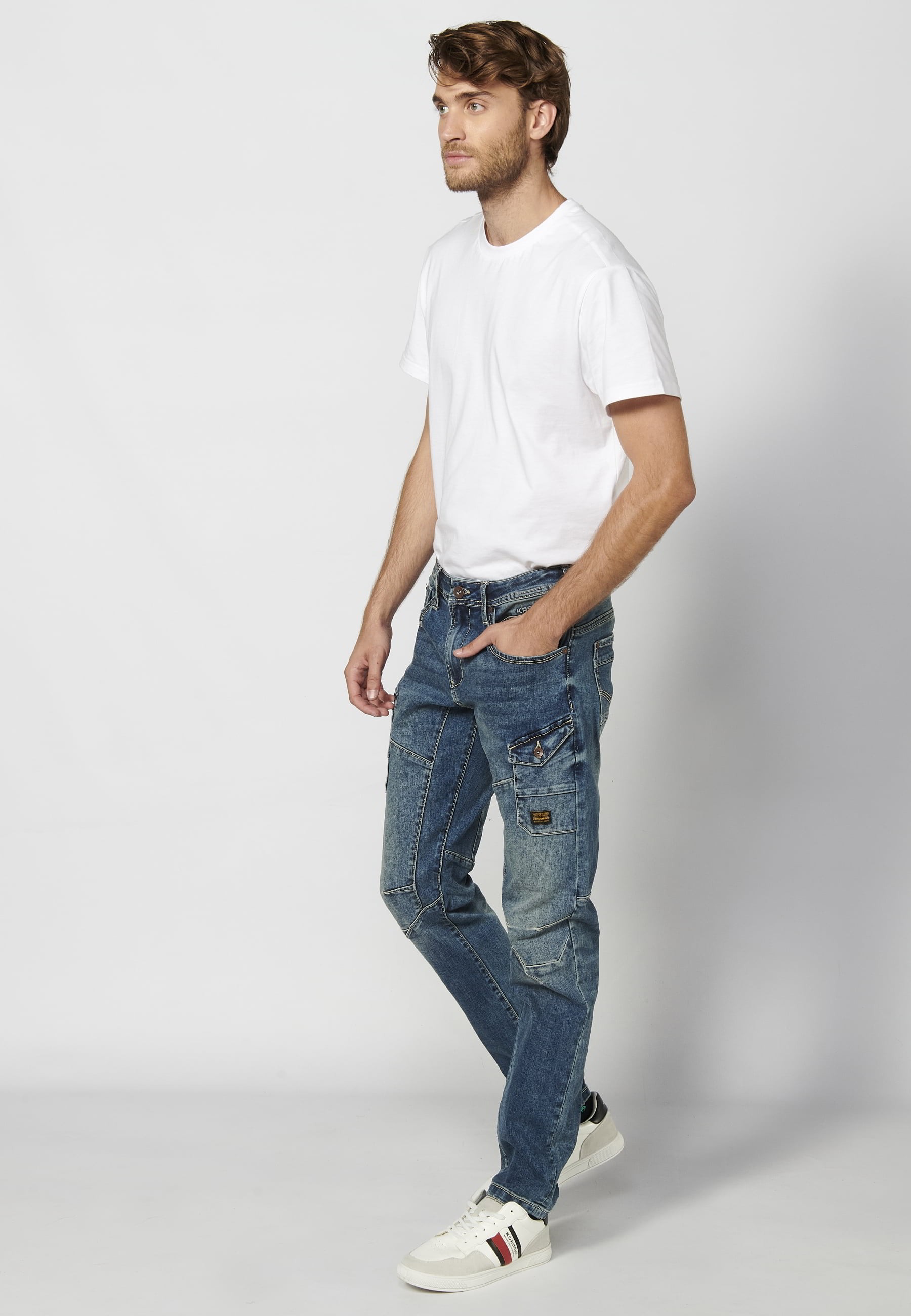 Pantalón jeans cargo largo straigth workwear regular fit con seis bolsillos color Azul Medio para Hombre