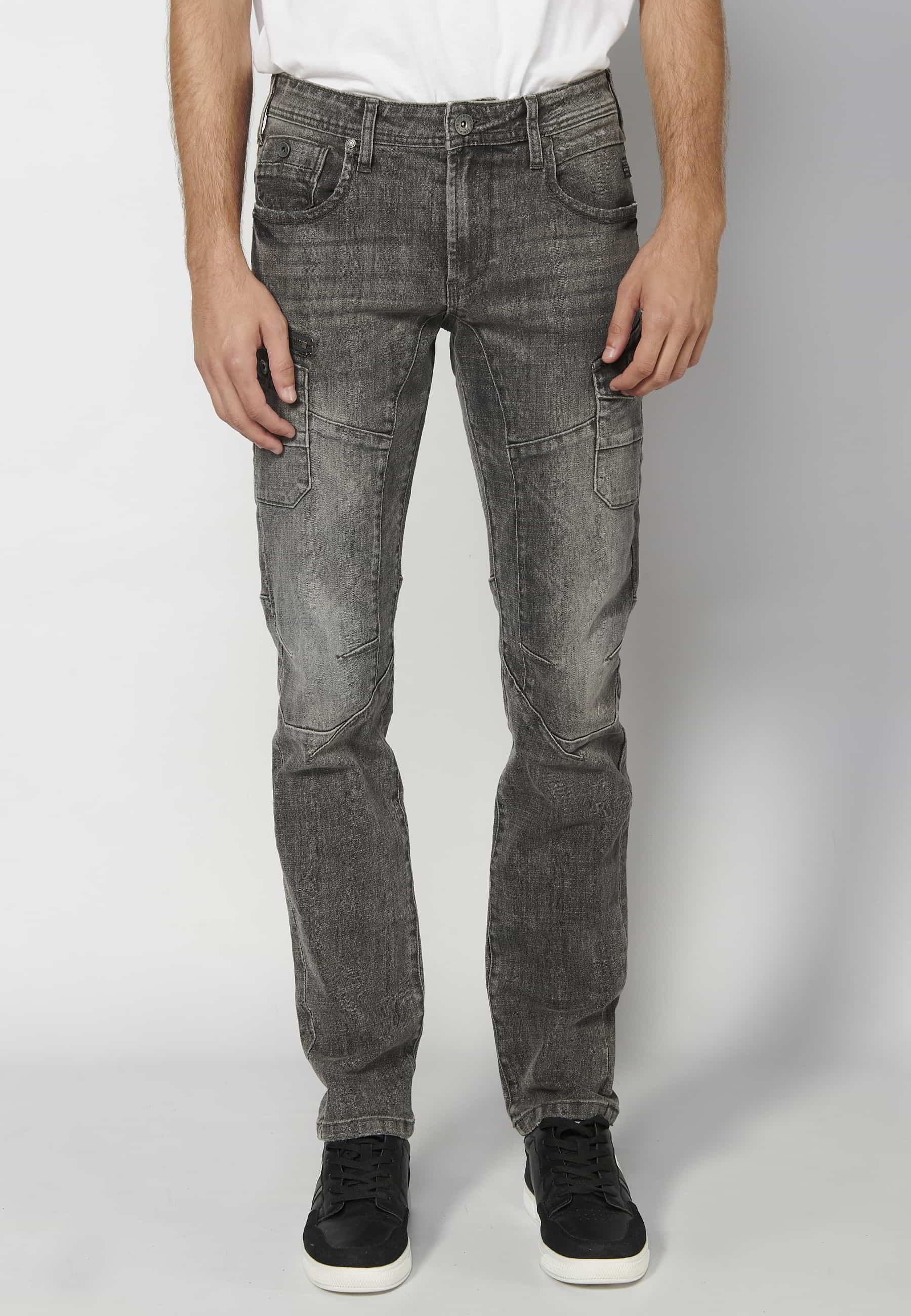 Long regular fit workwear pants with six pockets in Black Denim for Men