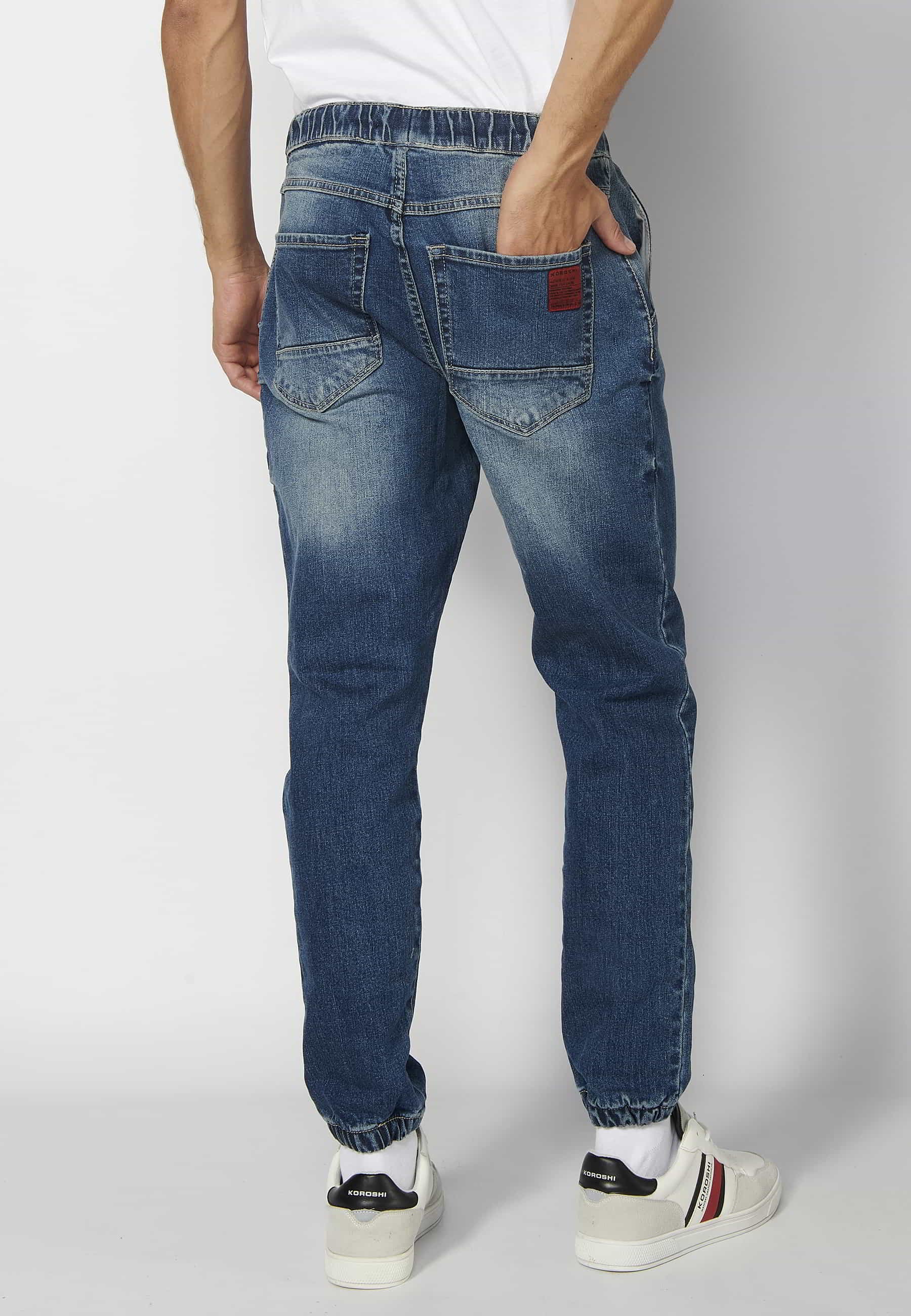 Blue elastic waist long jogger pants for Men 1