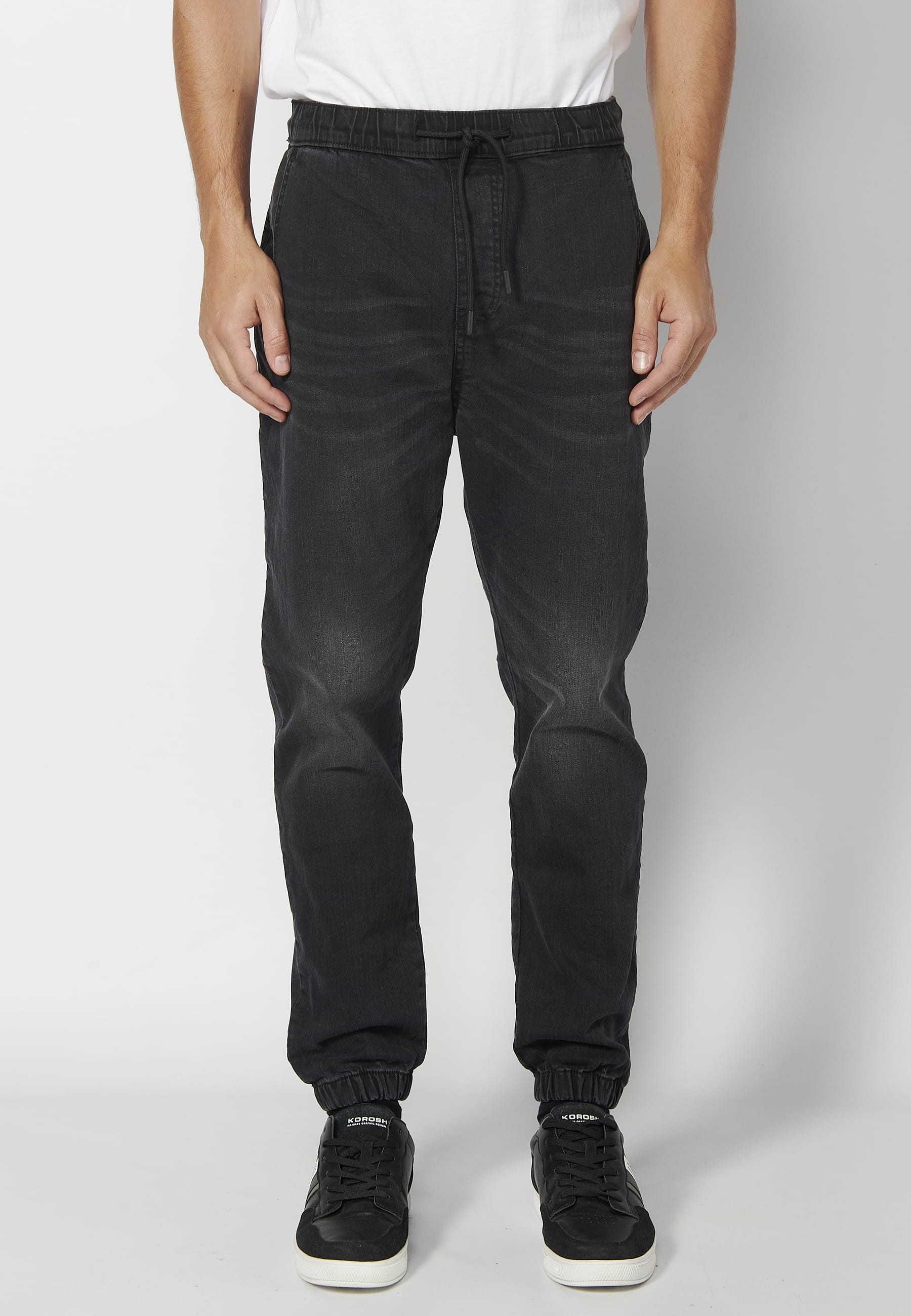 Black elastic waist long jogger pants for Men 2