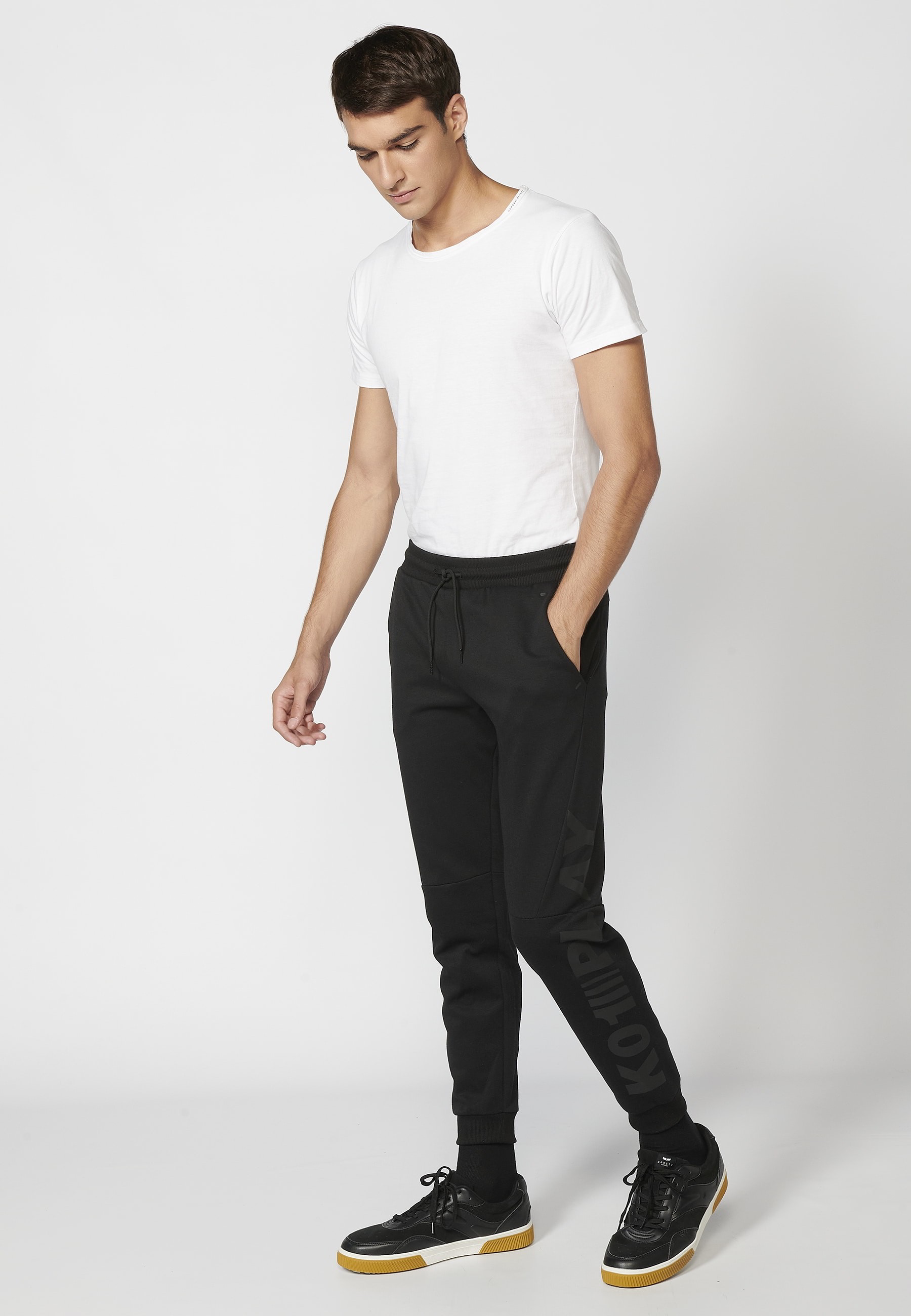 Long jogger pants with adjustable elastic waist, pocket detail, Black color for Men