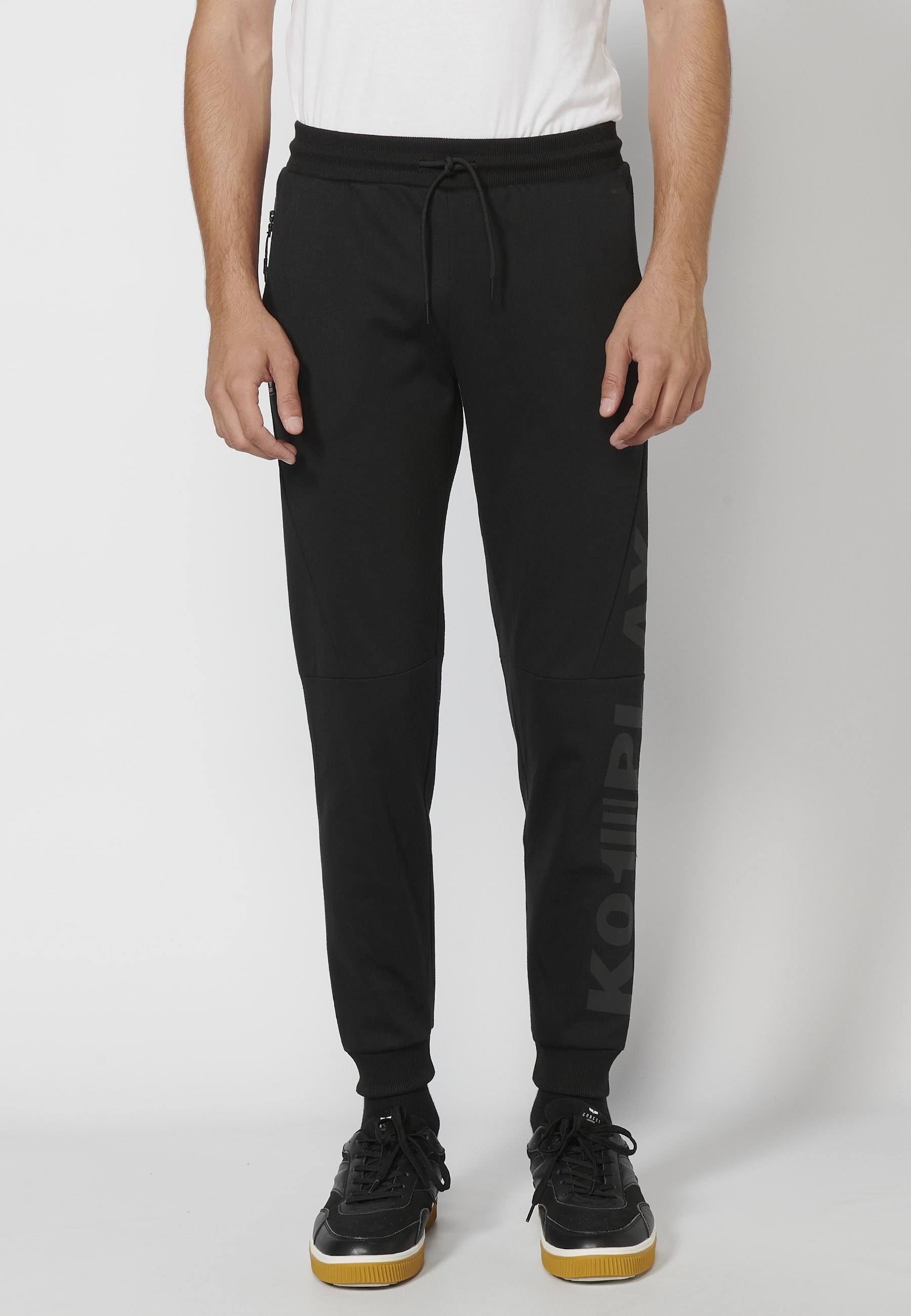 Long jogger pants with adjustable elastic waist, pocket detail, Black color for Men