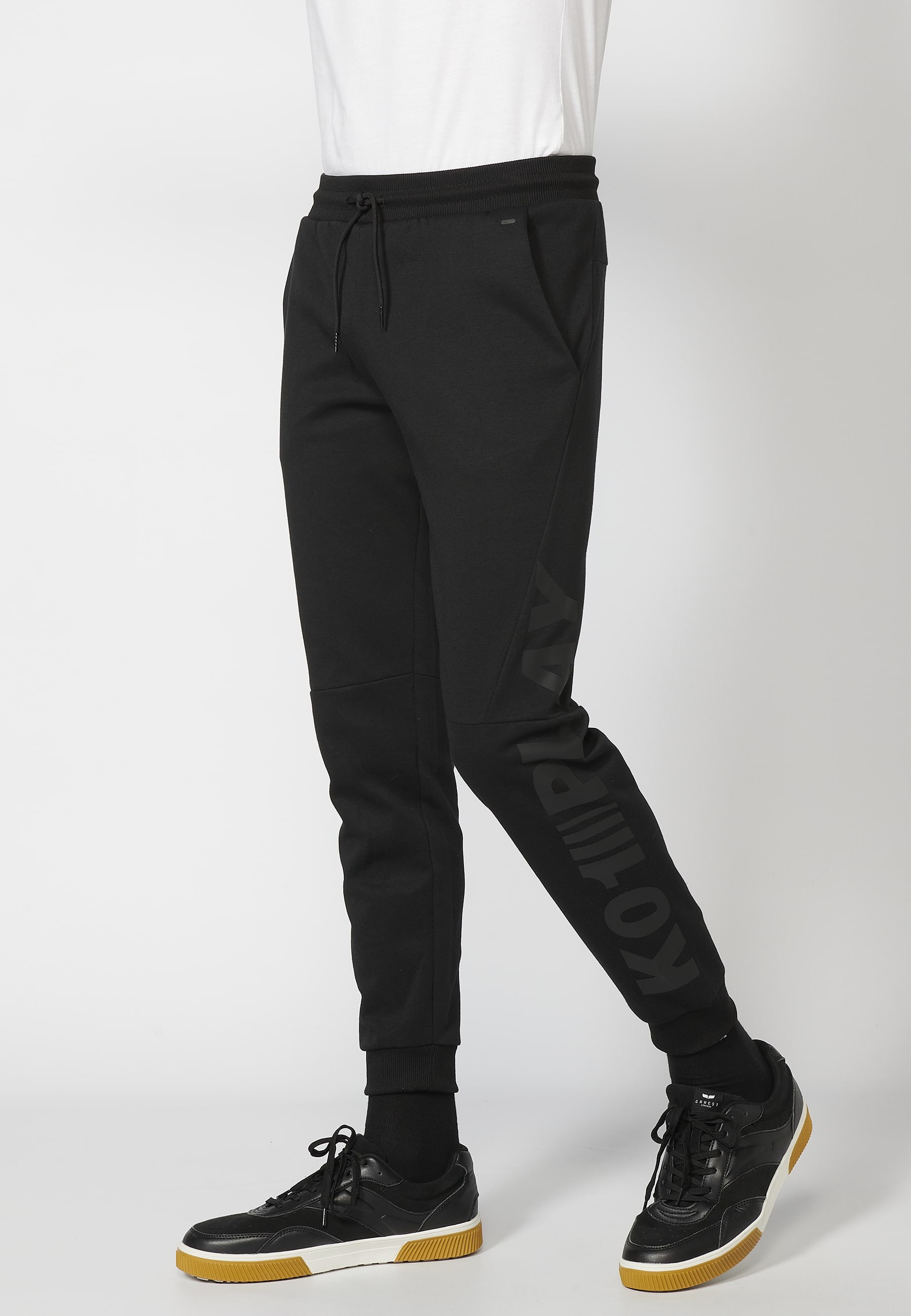 Long jogger pants with adjustable elastic waist, pocket detail, Black color for Men
