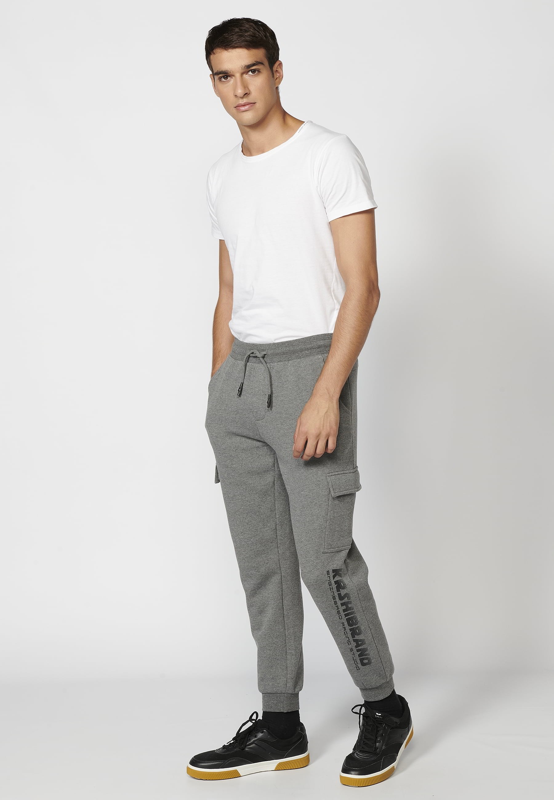 Long jogger pants with adjustable elastic waist, cargo pocket, Gray color for Men