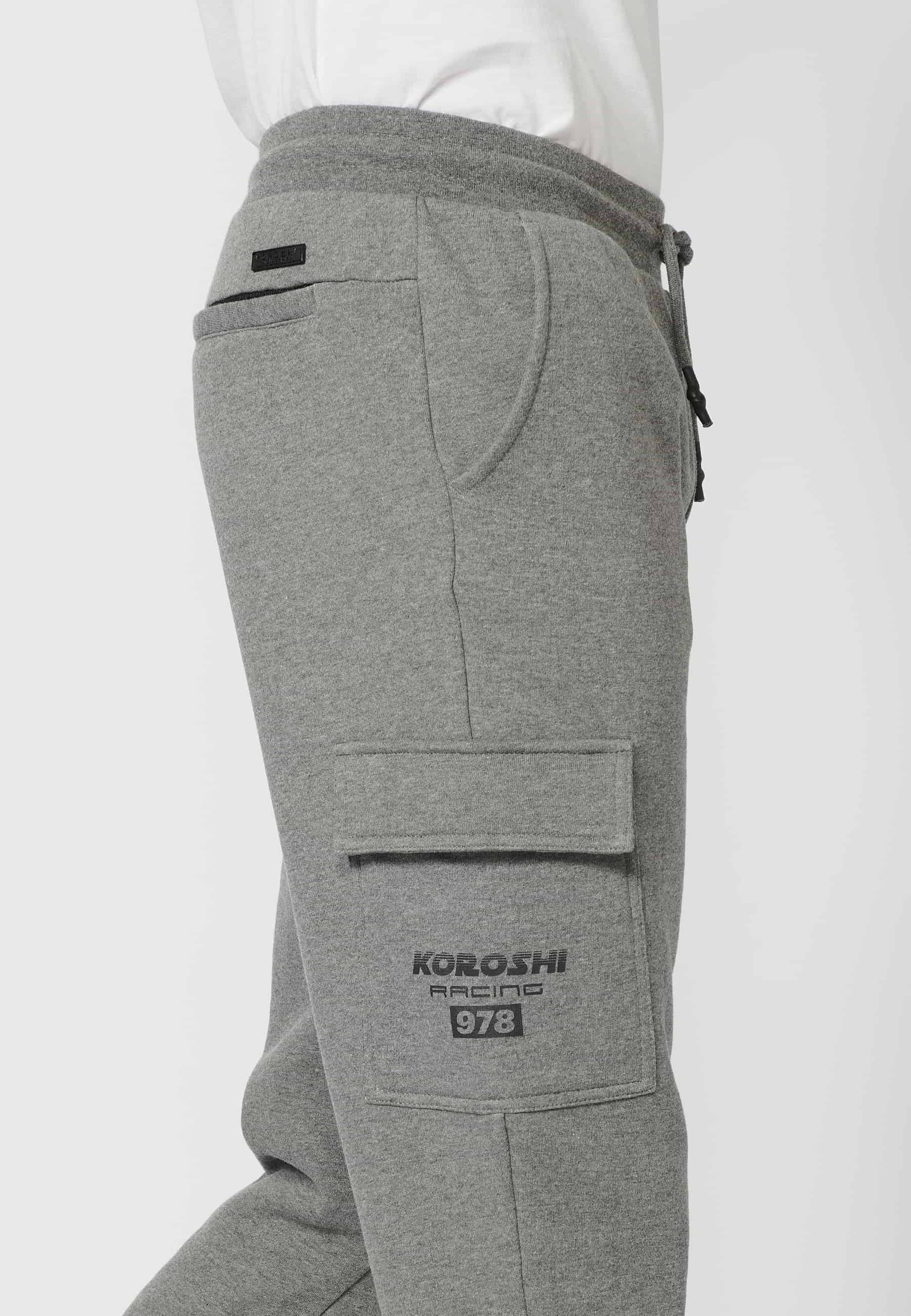 Lange Jogginghose mit verstellbarem elastischem Bund, Cargotasche, graue Farbe für Herren