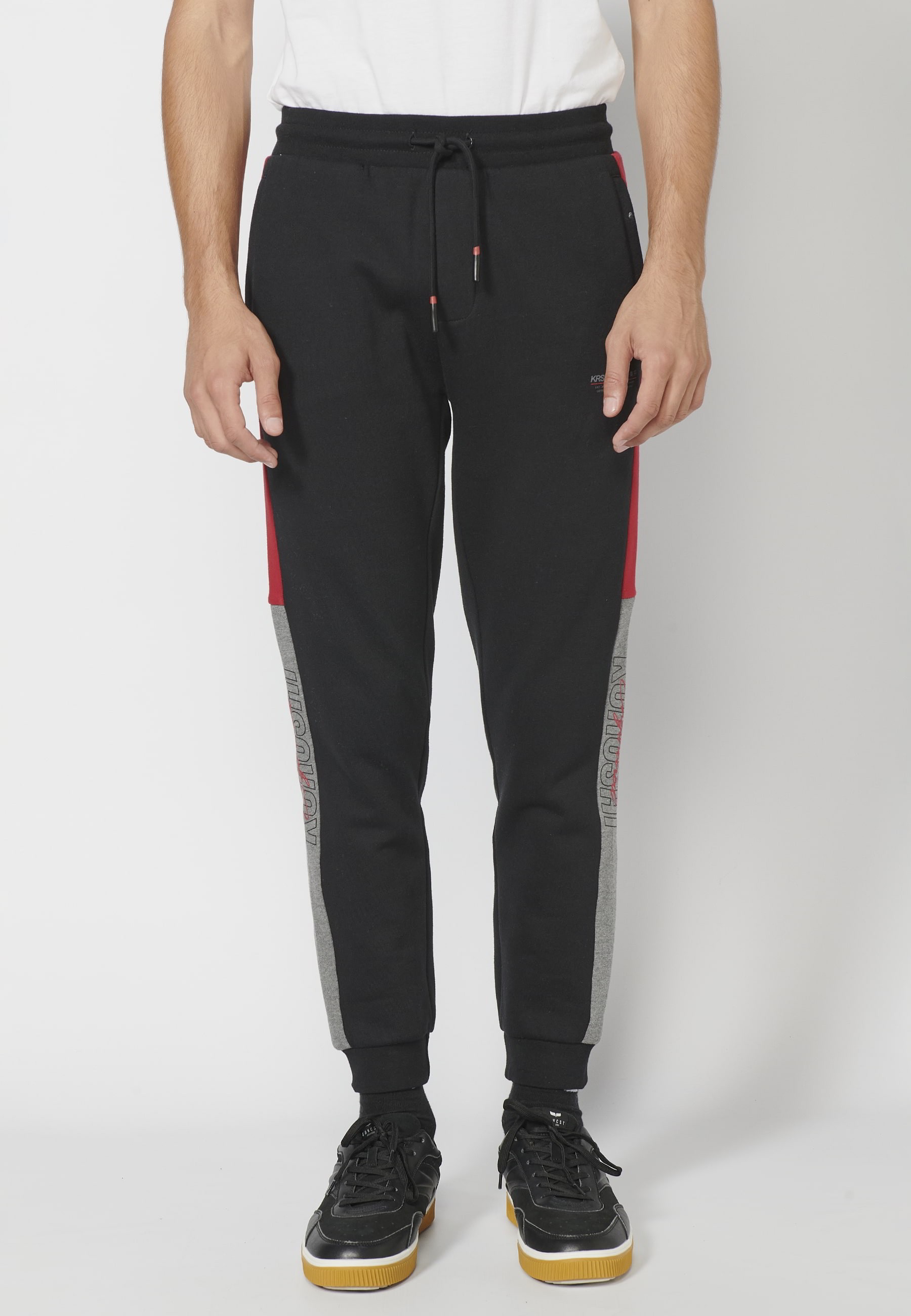 Pantalon de jogging long avec taille élastique réglable, détail latéral, couleur noir pour Homme