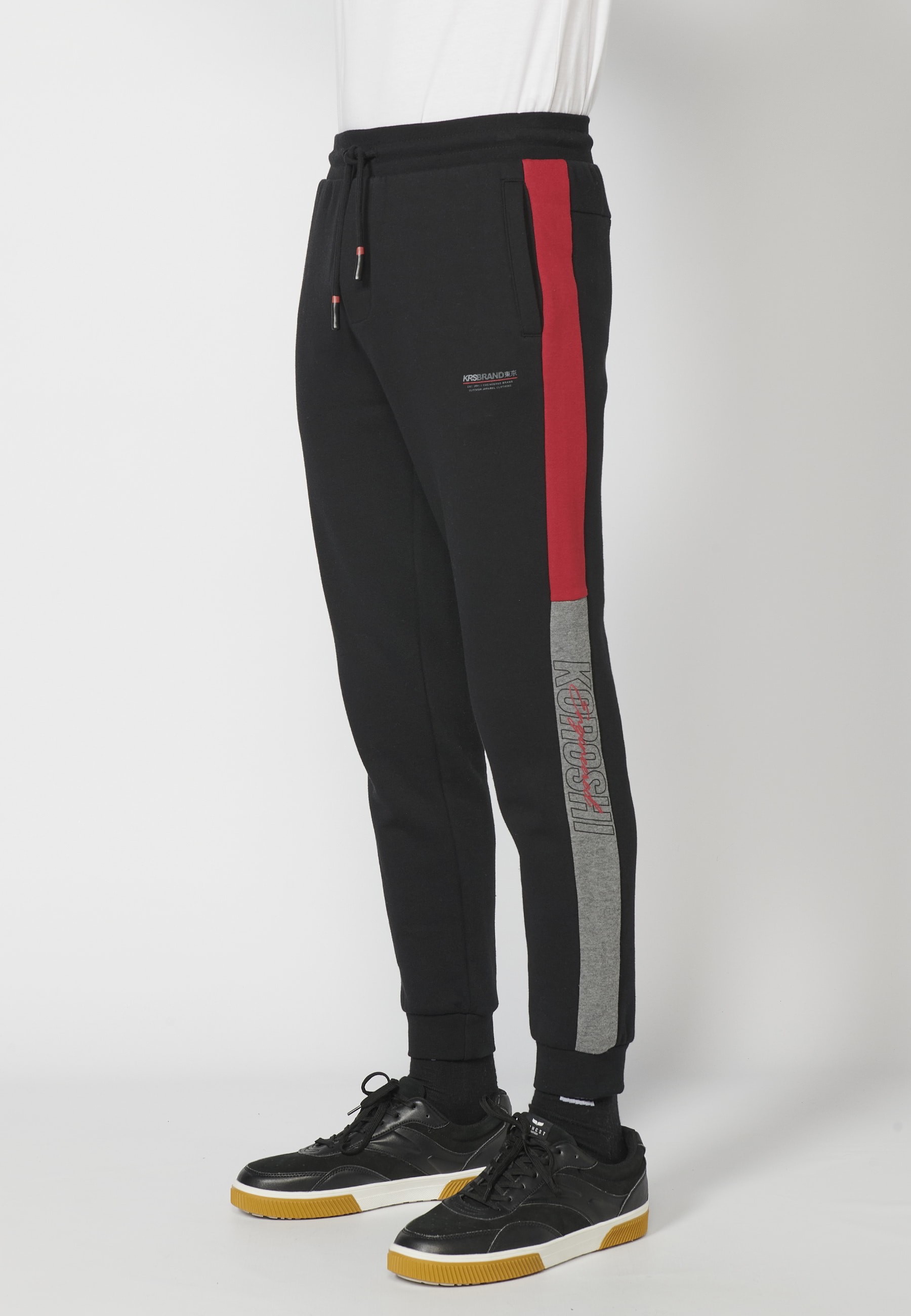 Pantalon de jogging long avec taille élastique réglable, détail latéral, couleur noir pour Homme