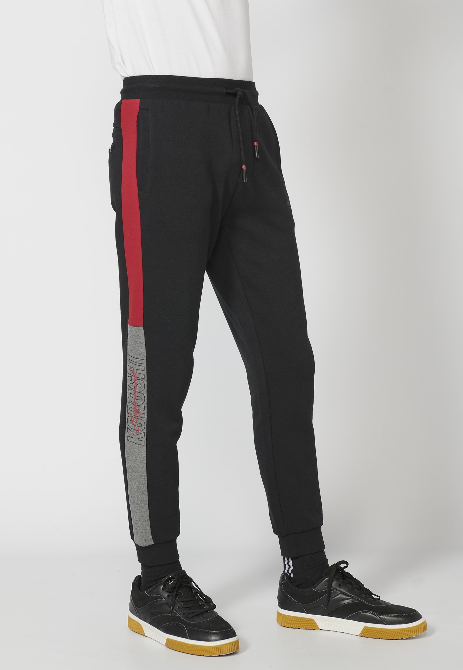 Long jogger pants with adjustable elastic waist, side detail, black color for Men