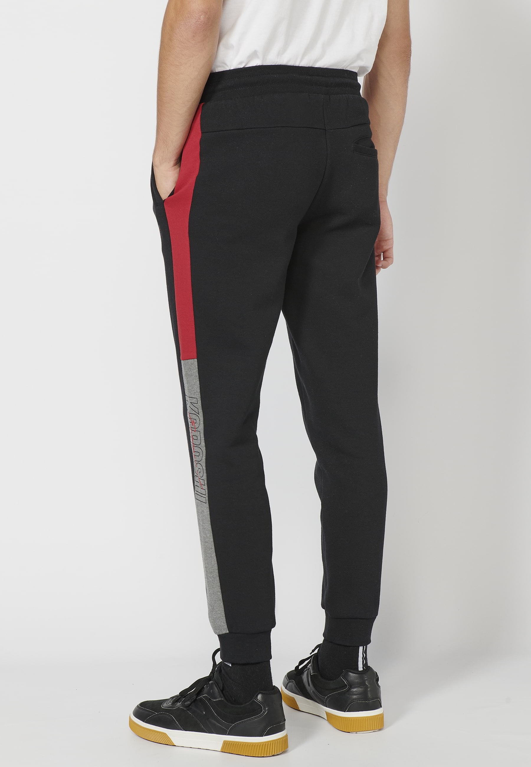 Long jogger pants with adjustable elastic waist, side detail, black color for Men