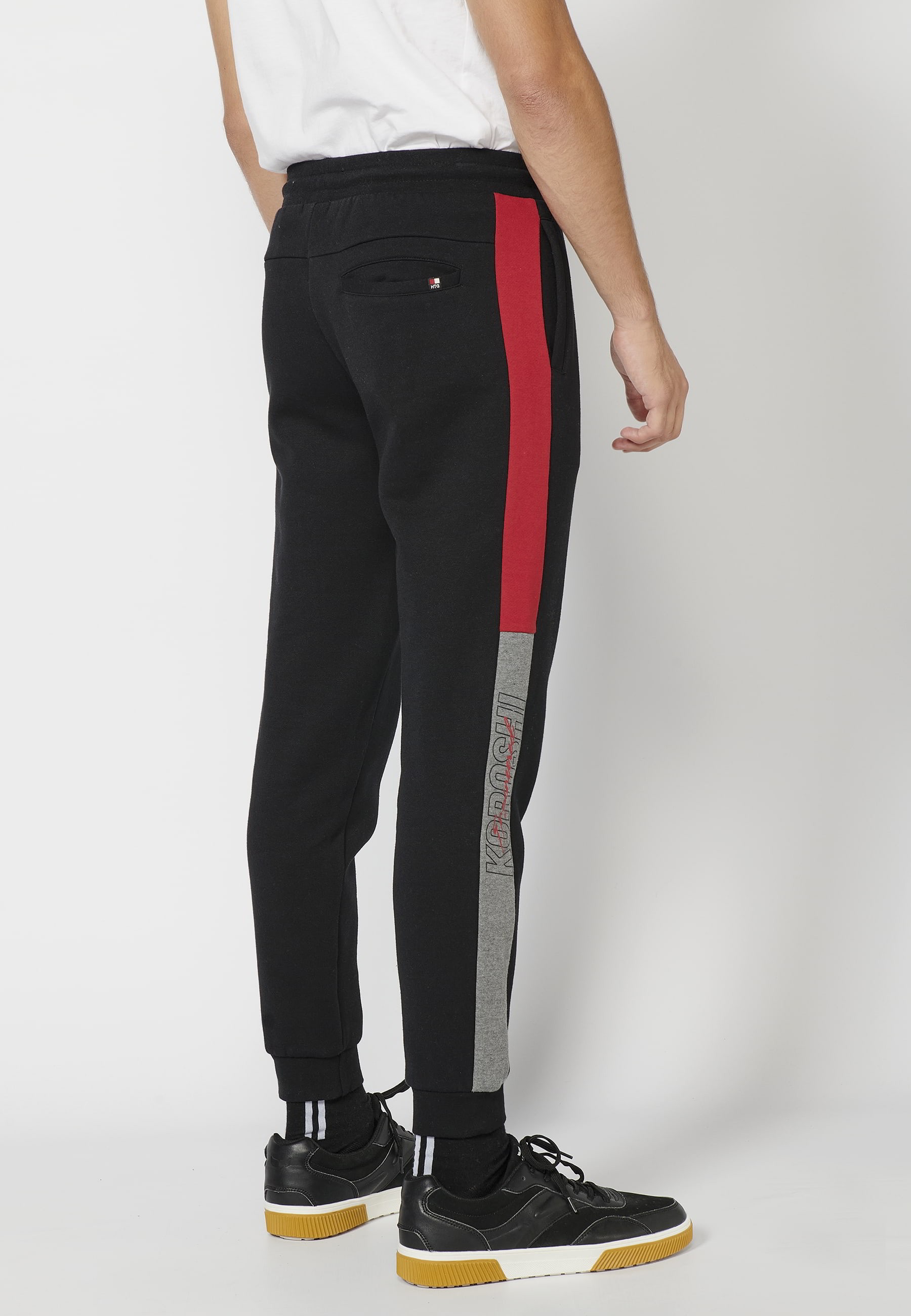 Long jogger pants with adjustable elastic waist, side detail, black color for Men