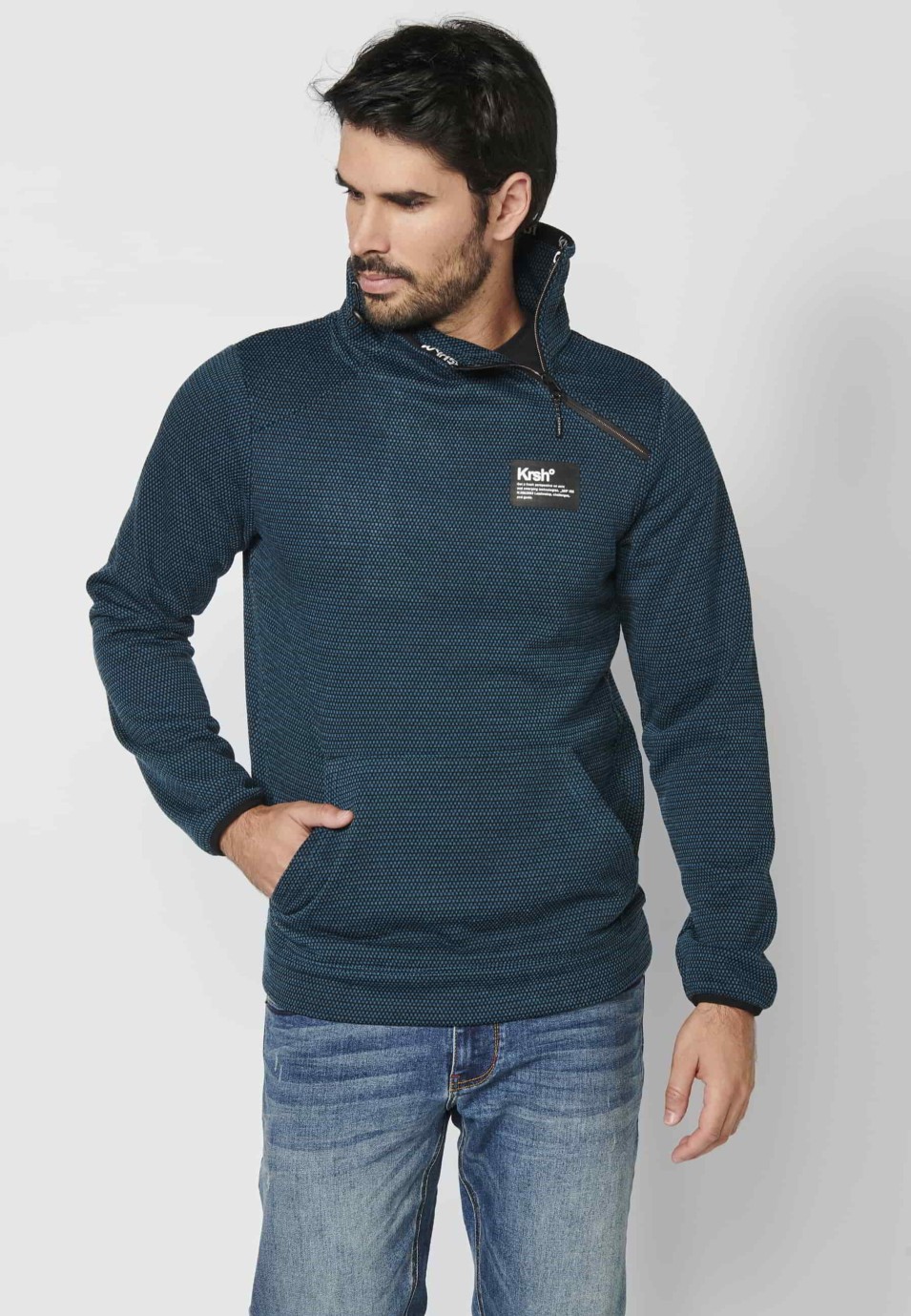 Sudadera de manga larga cuello alto de cremallera con bolsillo delantero color petróleo para hombre | Ropa Casual