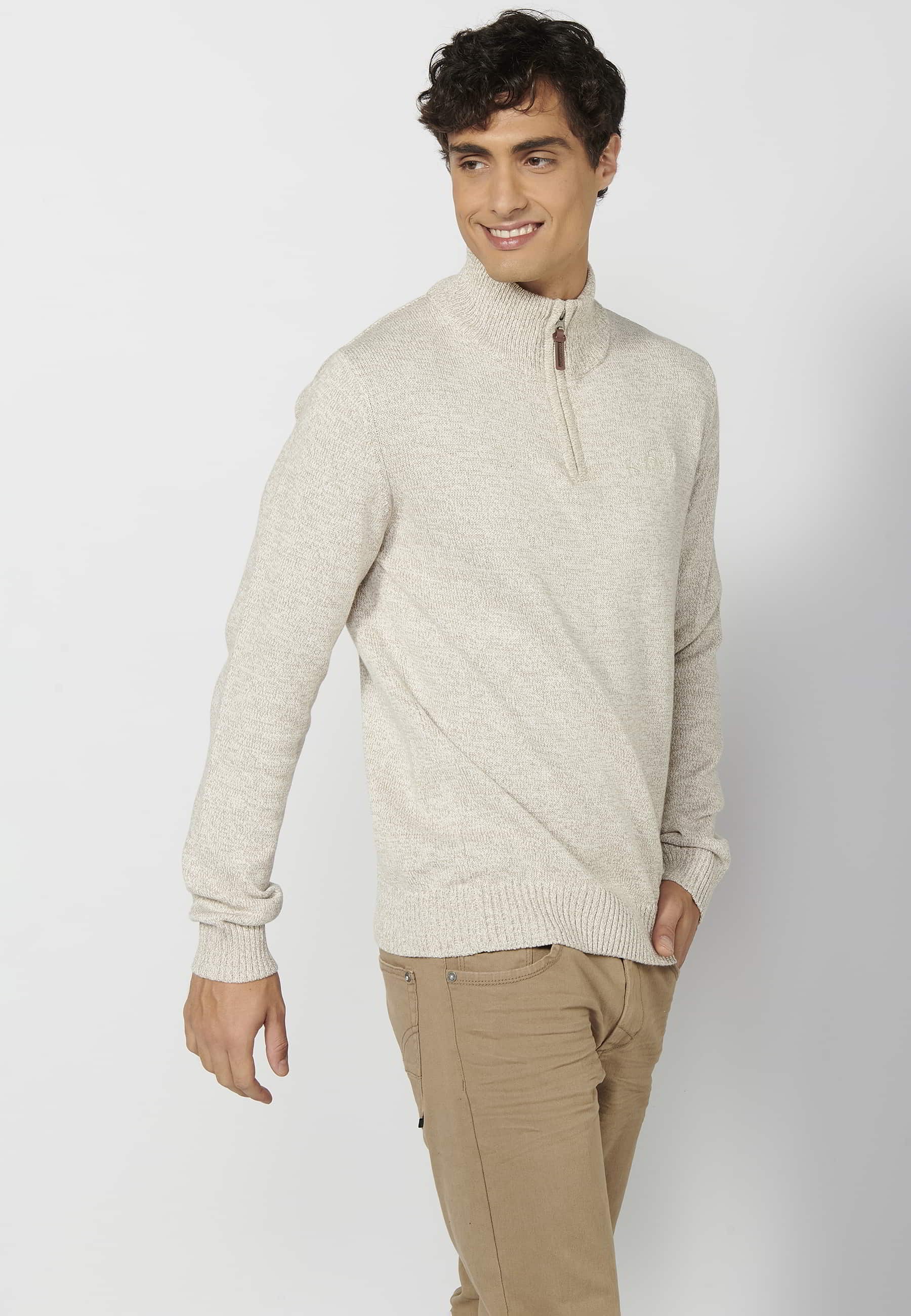 Beige men's long-sleeved turtleneck zipper knit sweater 2