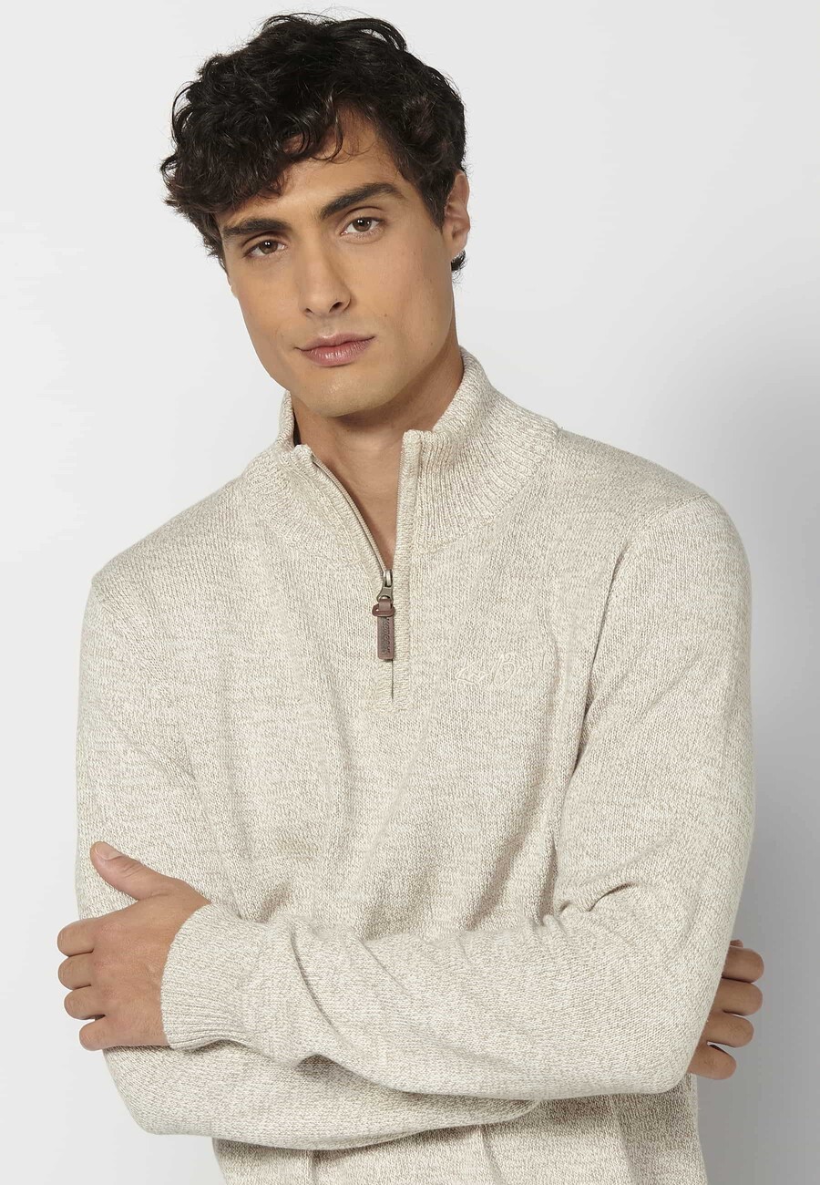 Beige men's long-sleeved turtleneck zipper knit sweater 6