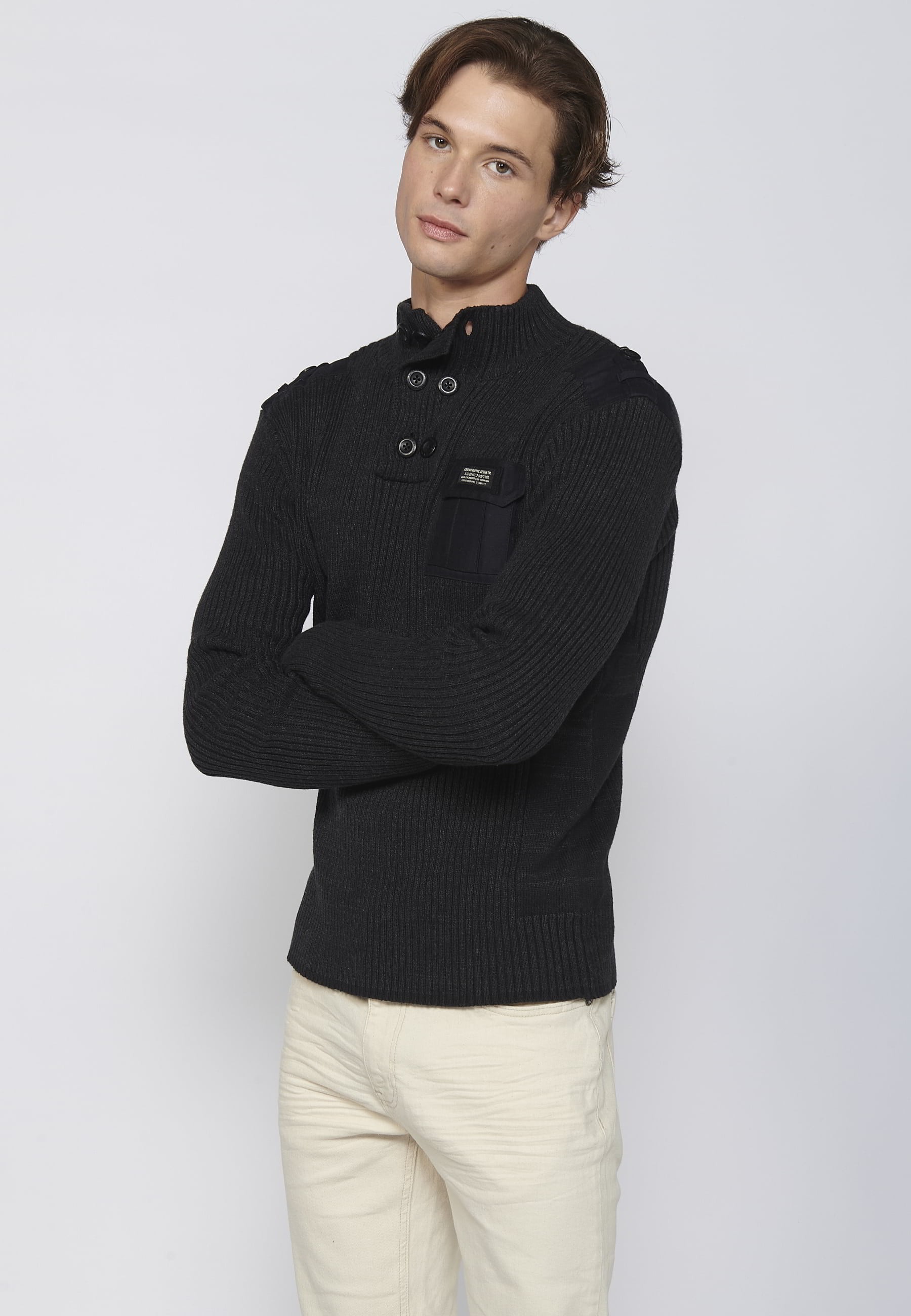 Black high-neck long-sleeved cotton tricot sweater for Men