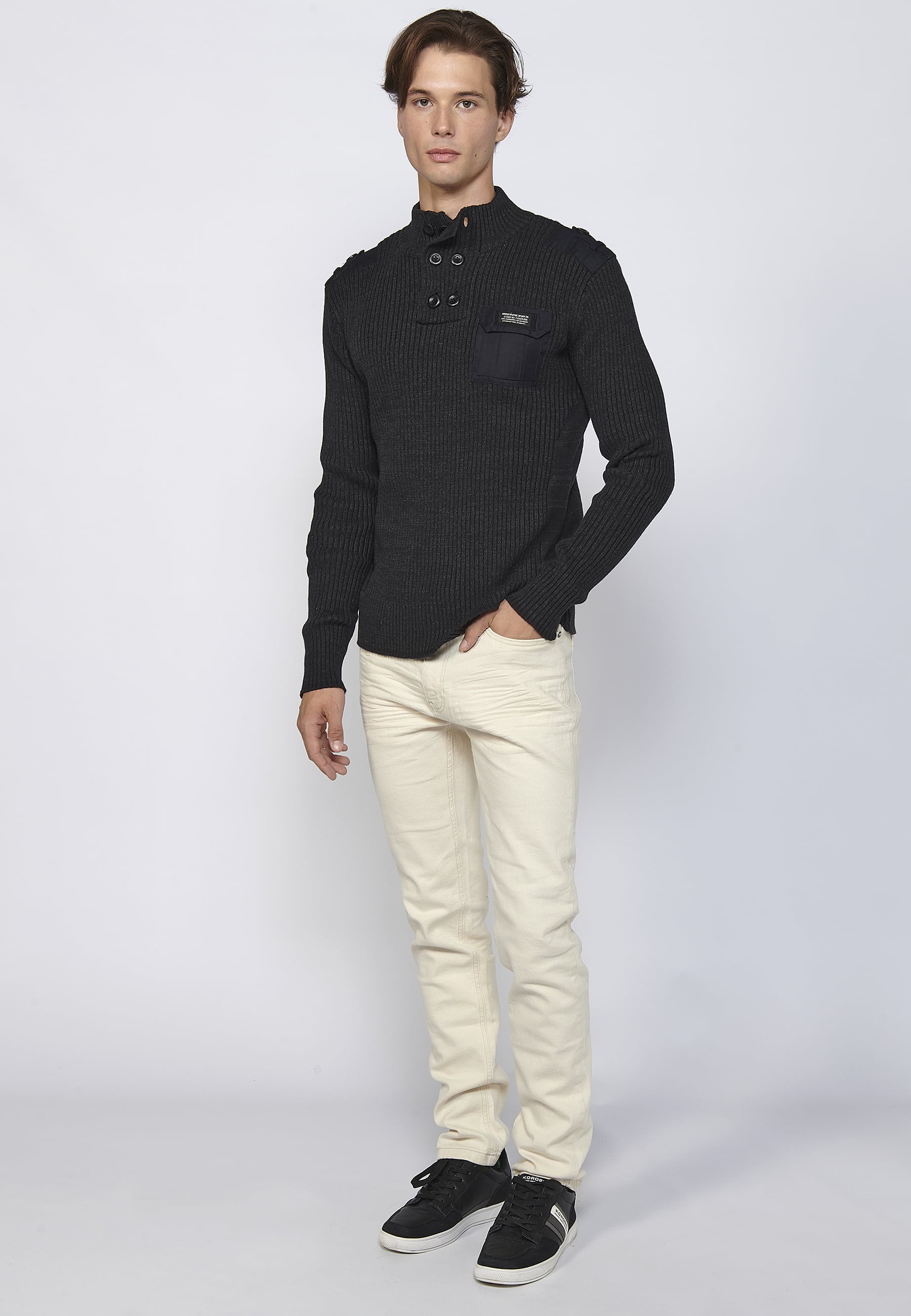 Black high-neck long-sleeved cotton tricot sweater for Men