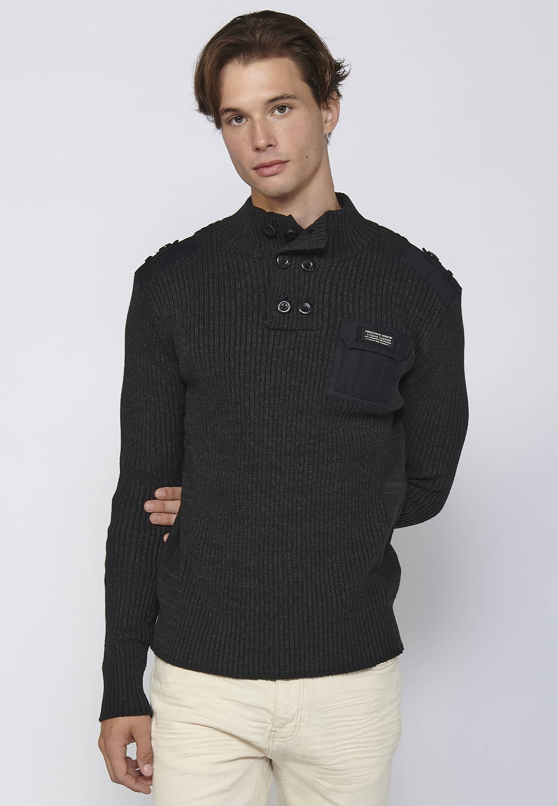 Black high-neck long-sleeved cotton tricot sweater for Men