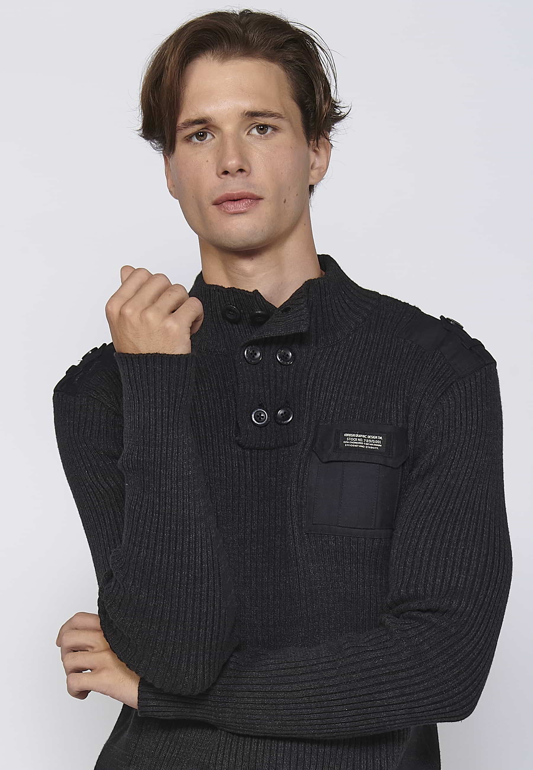 Black high-neck long-sleeved cotton tricot sweater for Men