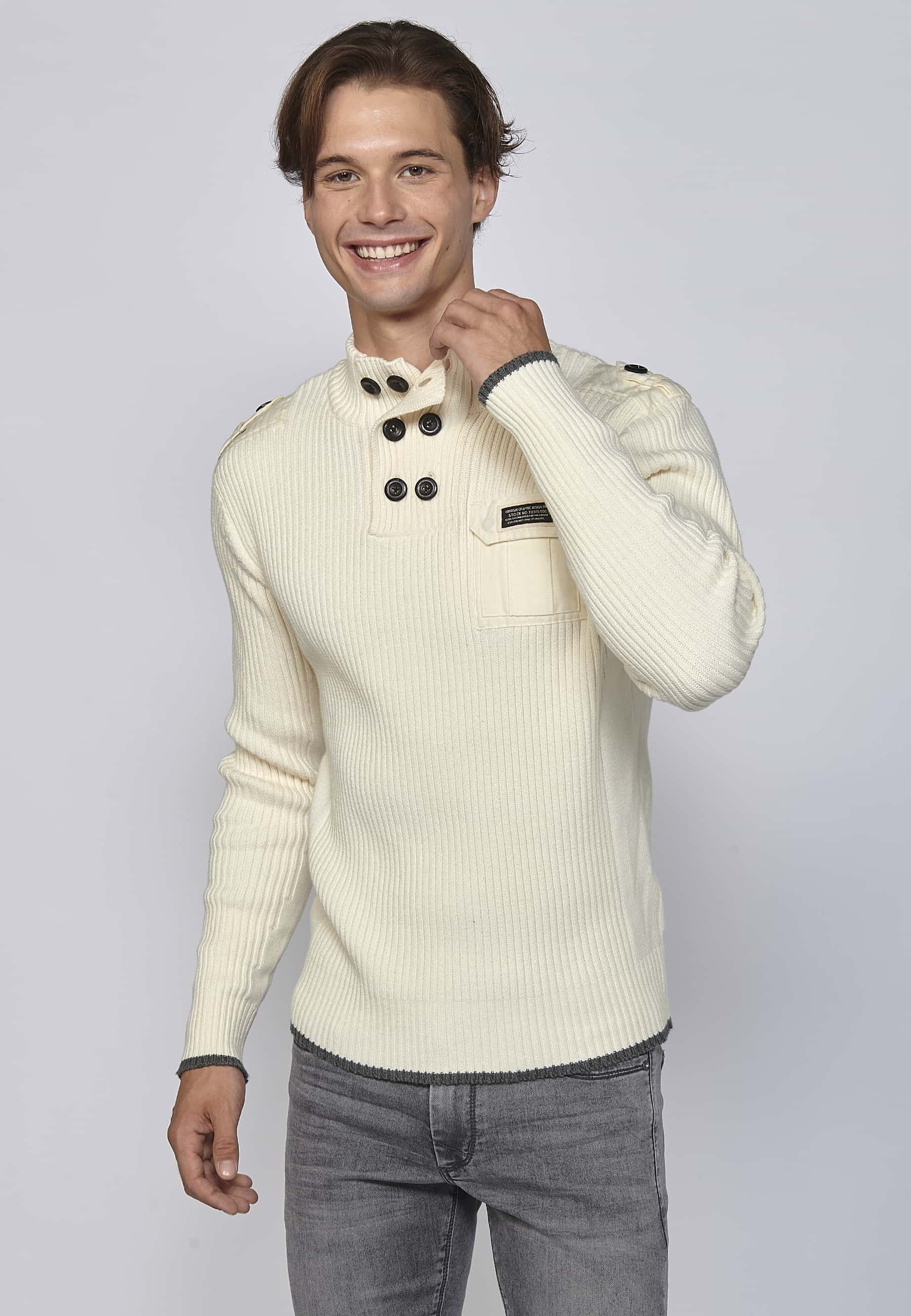 Ecru high-neck long-sleeved cotton tricot sweater for Men
