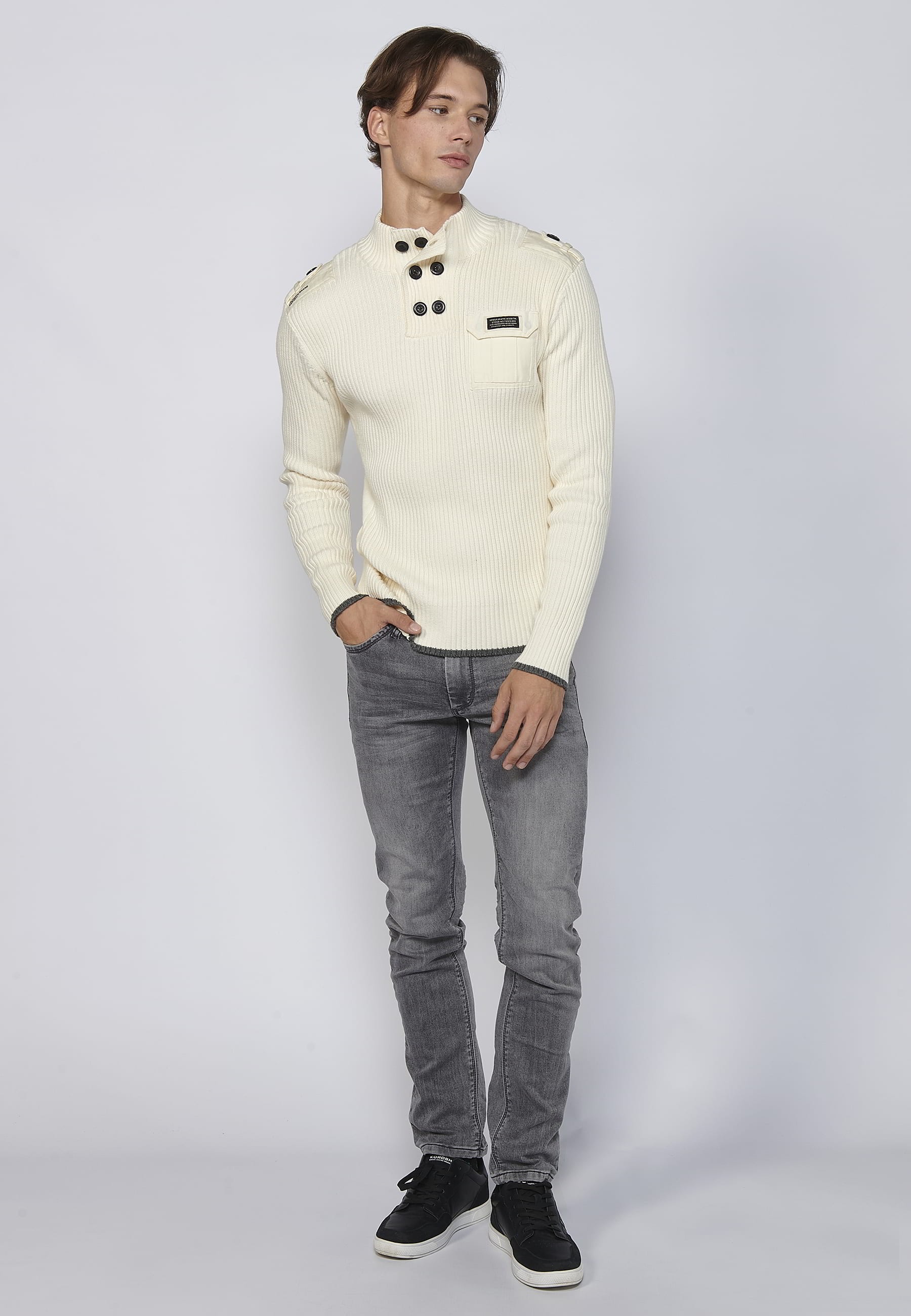 Ecru high-neck long-sleeved cotton tricot sweater for Men 4