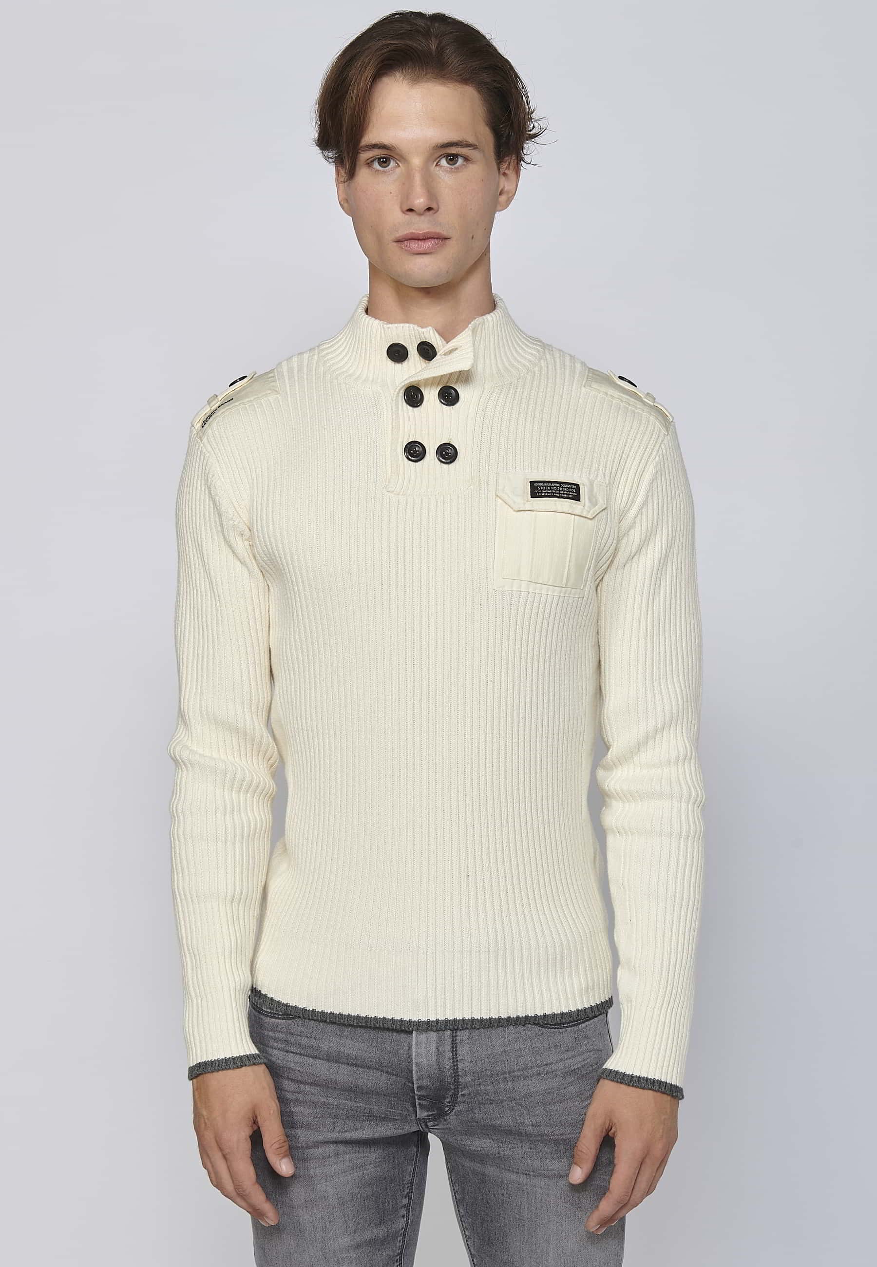 Ecru high-neck long-sleeved cotton tricot sweater for Men 1