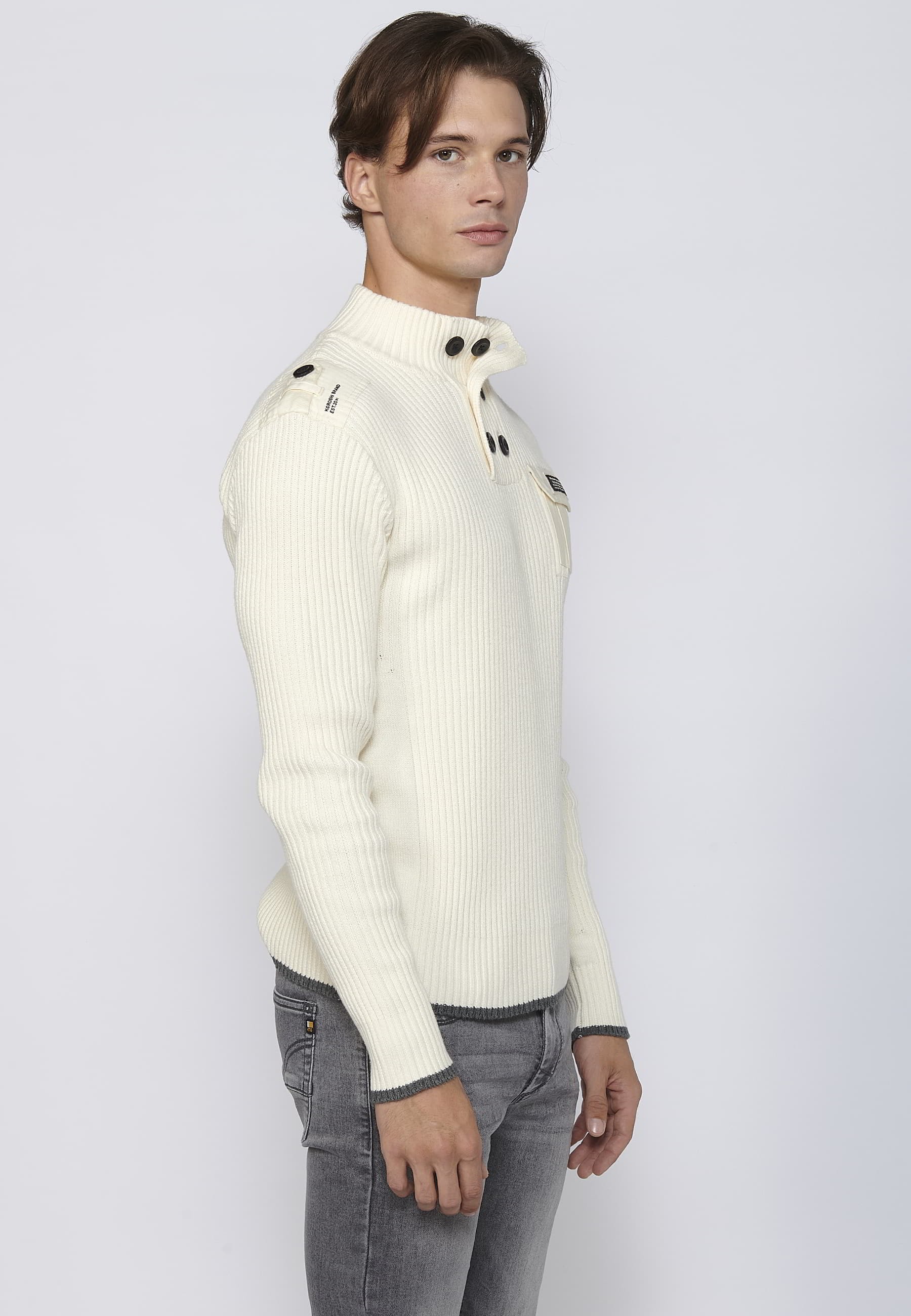 Ecru high-neck long-sleeved cotton tricot sweater for Men 2