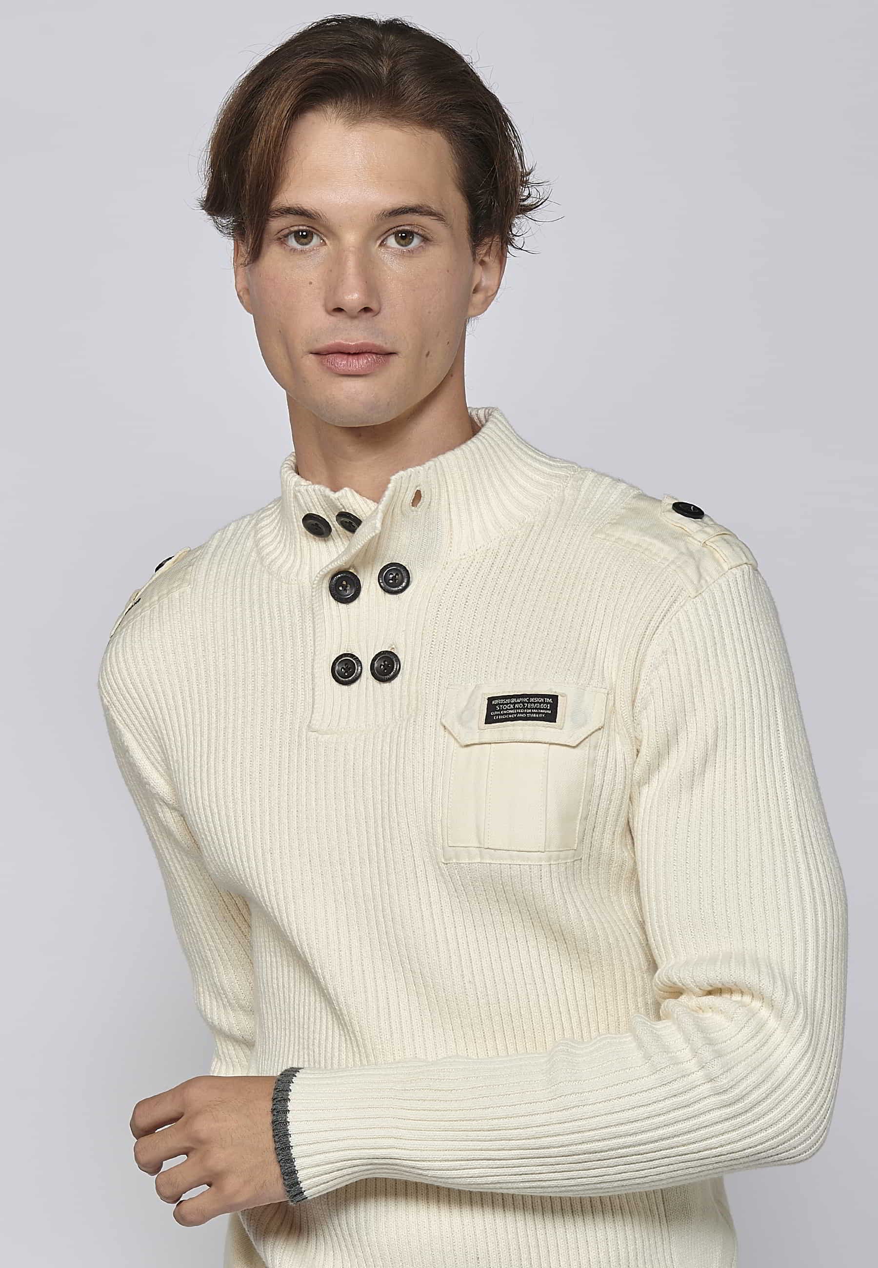 Ecru high-neck long-sleeved cotton tricot sweater for Men 7