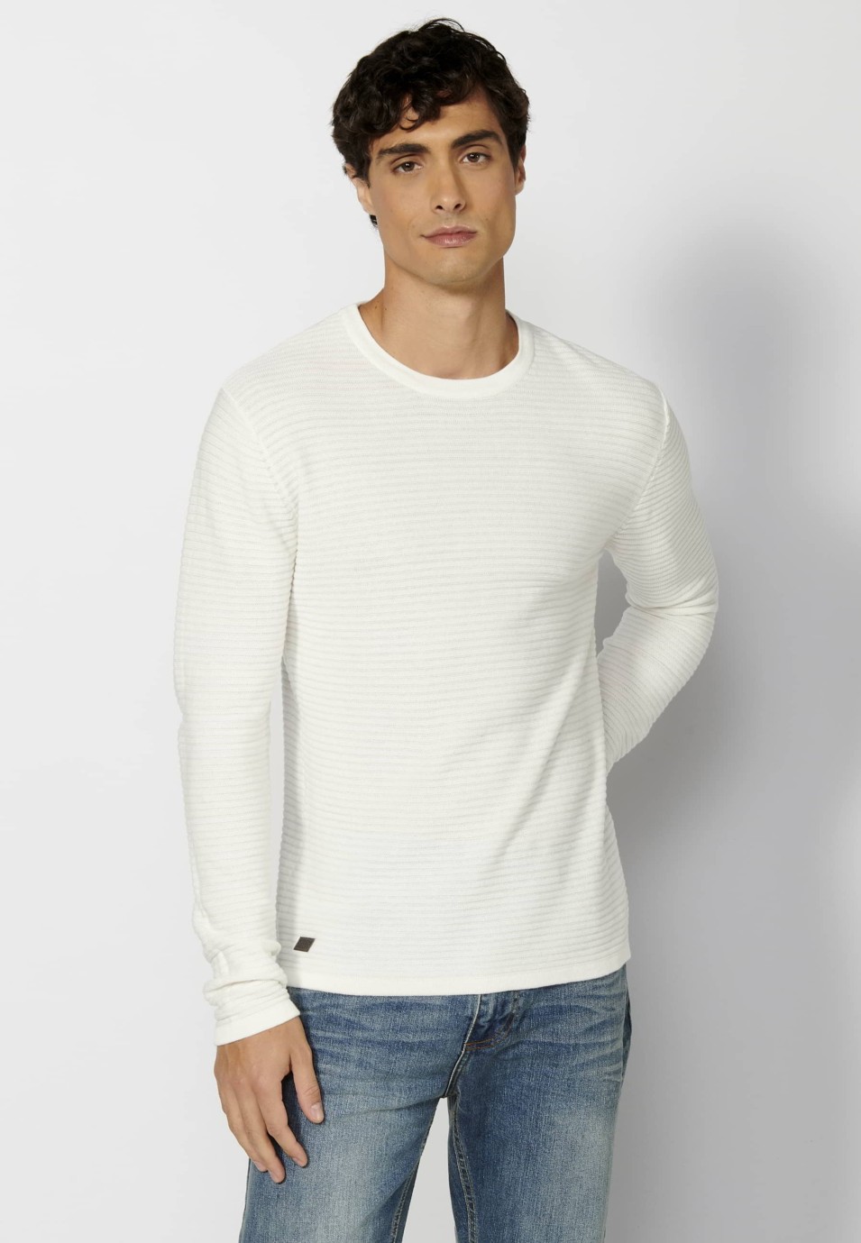 Jersey tricot de algodón de manga larga cuello redondo color crudo para hombre | Ropa Casual