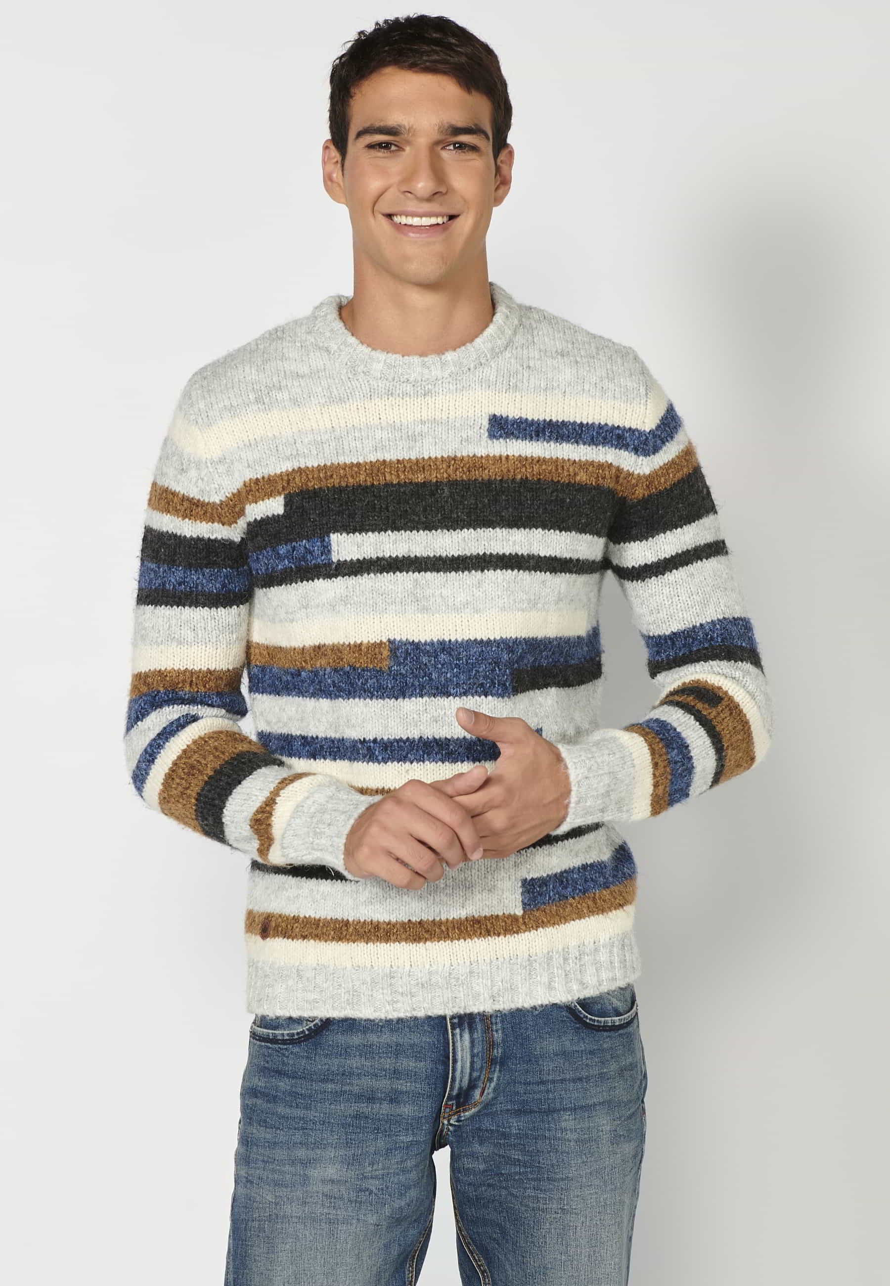 Jersei màniga llarga coll rodó a ratlles desiguals multicolor per a Home