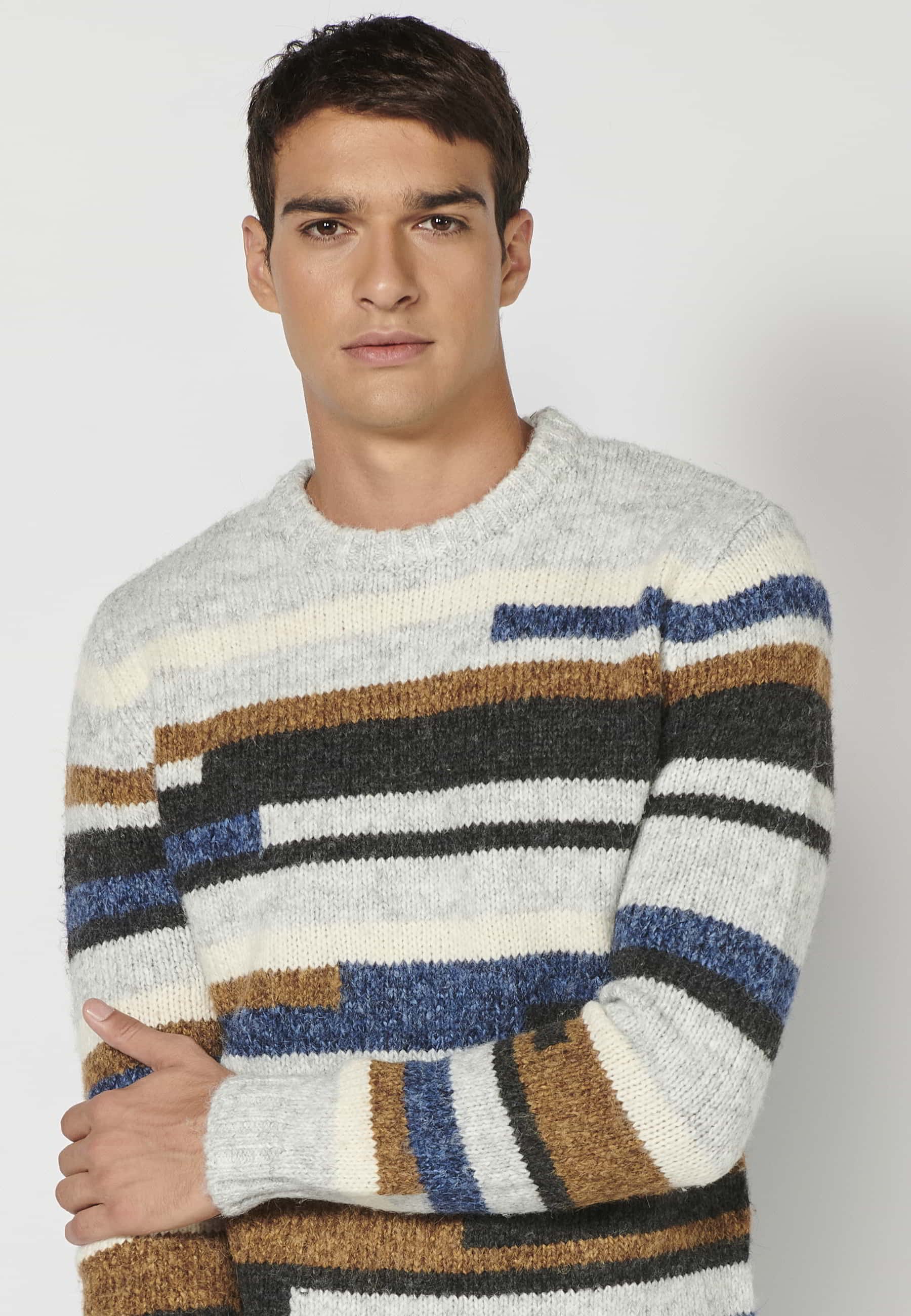 Jersei màniga llarga coll rodó a ratlles desiguals multicolor per a Home 3