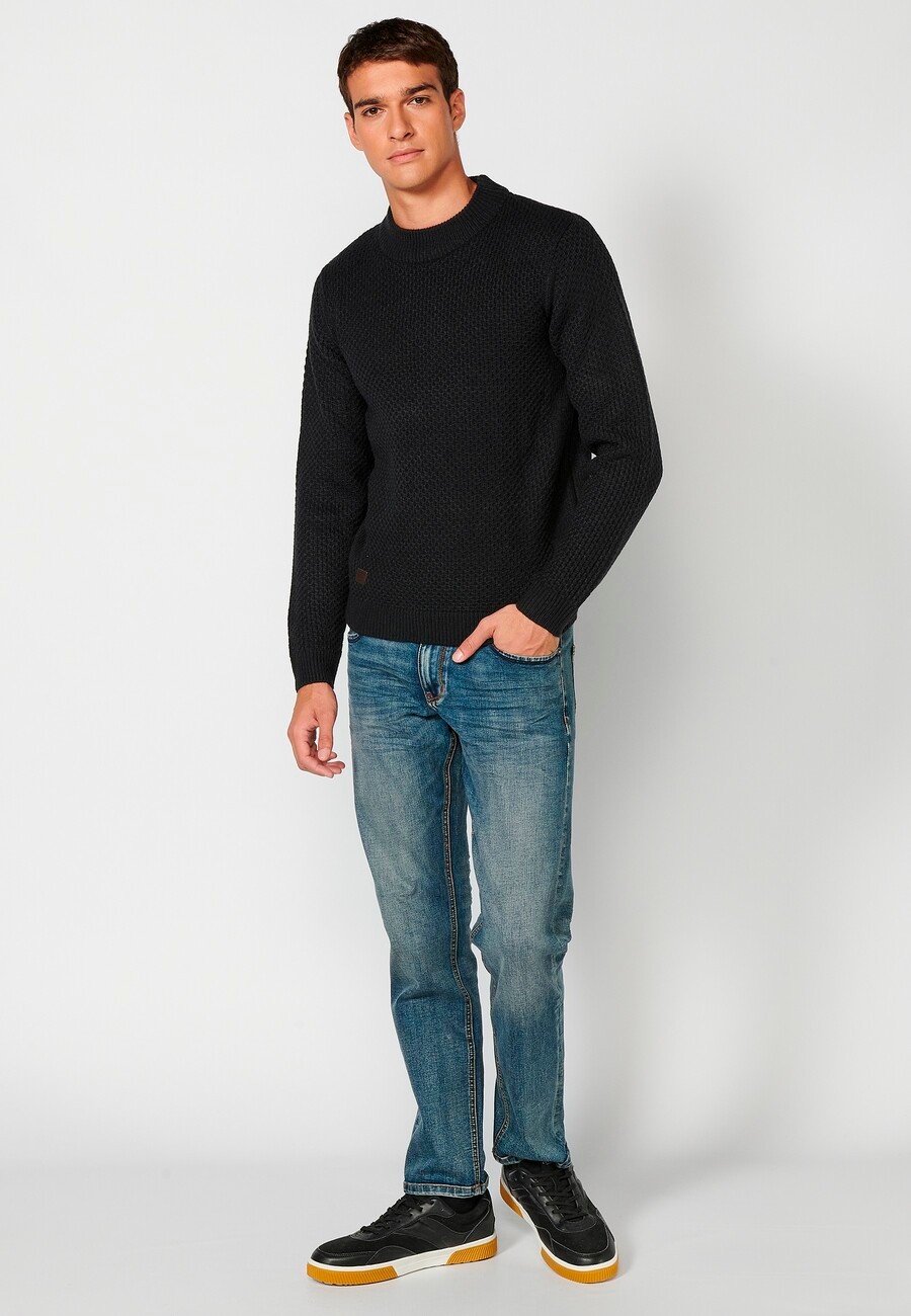 Jersey de manga larga acrílico cuello redondo, tricot en relieve color navy para hombre | Ropa Casual 4