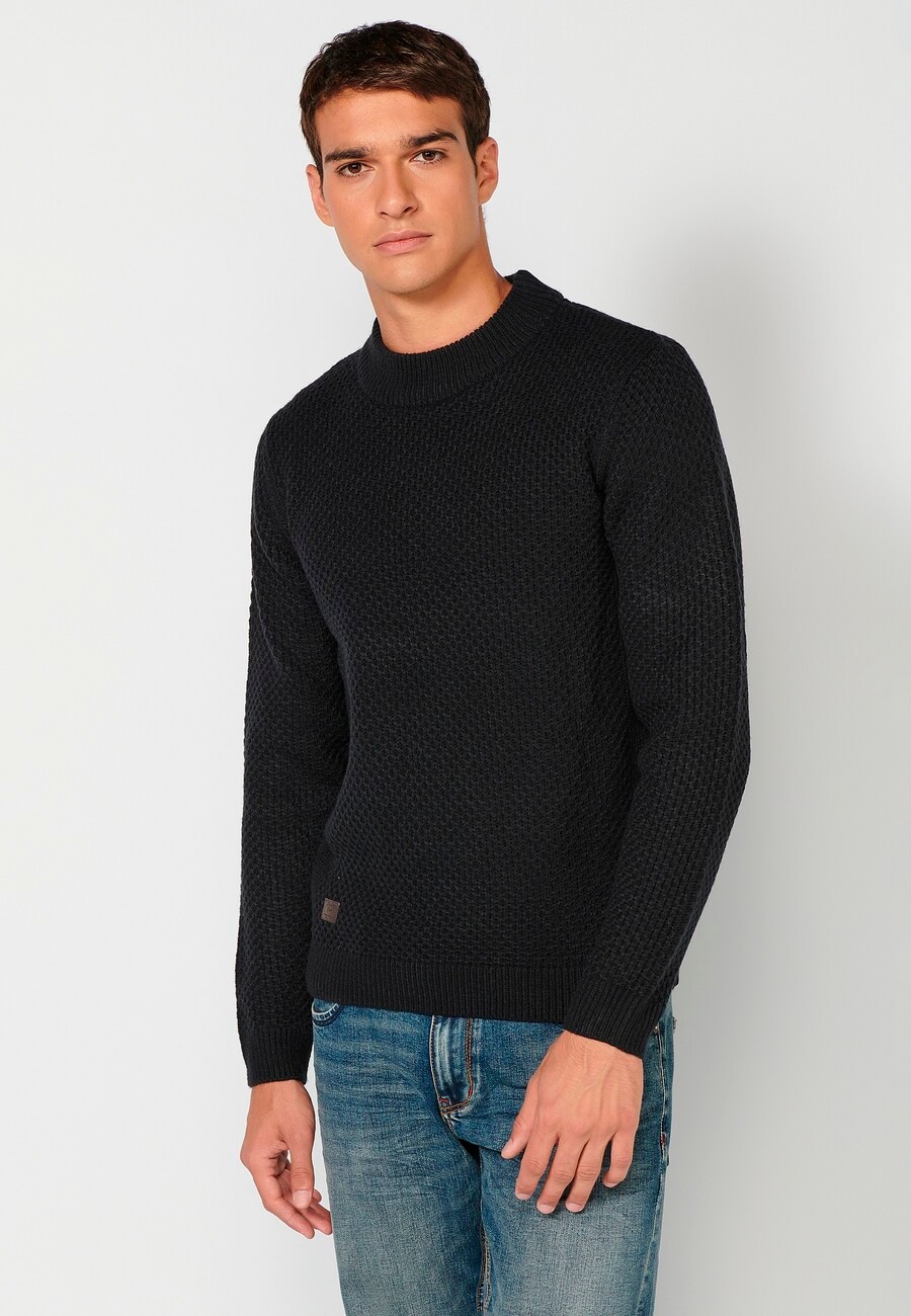 Jersey de manga larga acrílico cuello redondo, tricot en relieve color navy para hombre | Ropa Casual 6