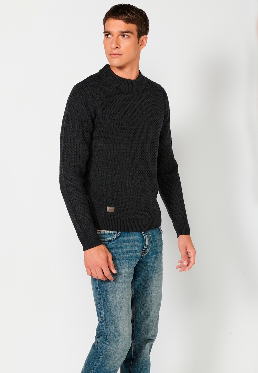 Jersey de manga larga acrílico cuello redondo, tricot en relieve color navy para hombre | Ropa Casual 3