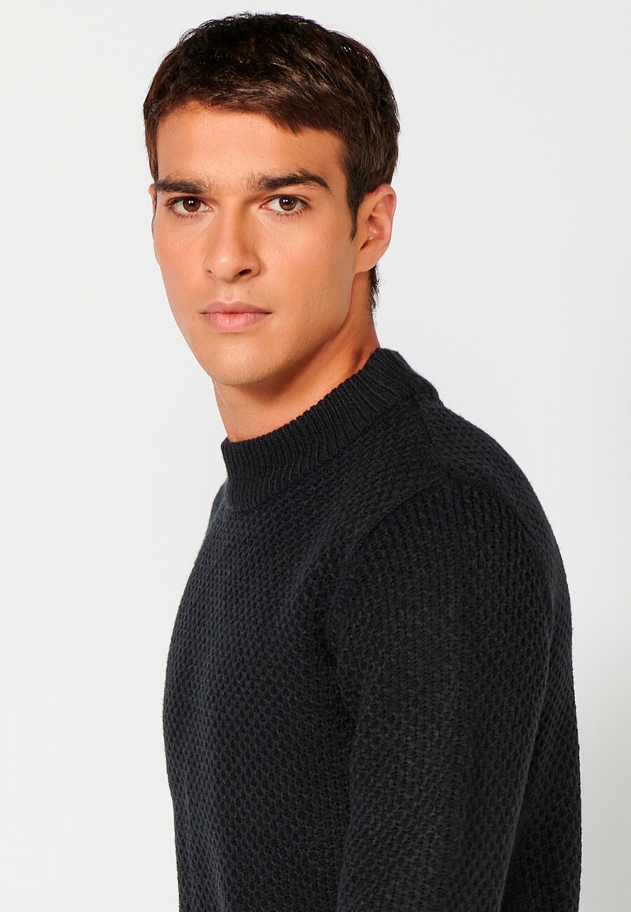 Jersey de manga larga acrílico cuello redondo, tricot en relieve color navy para hombre | Ropa Casual 2