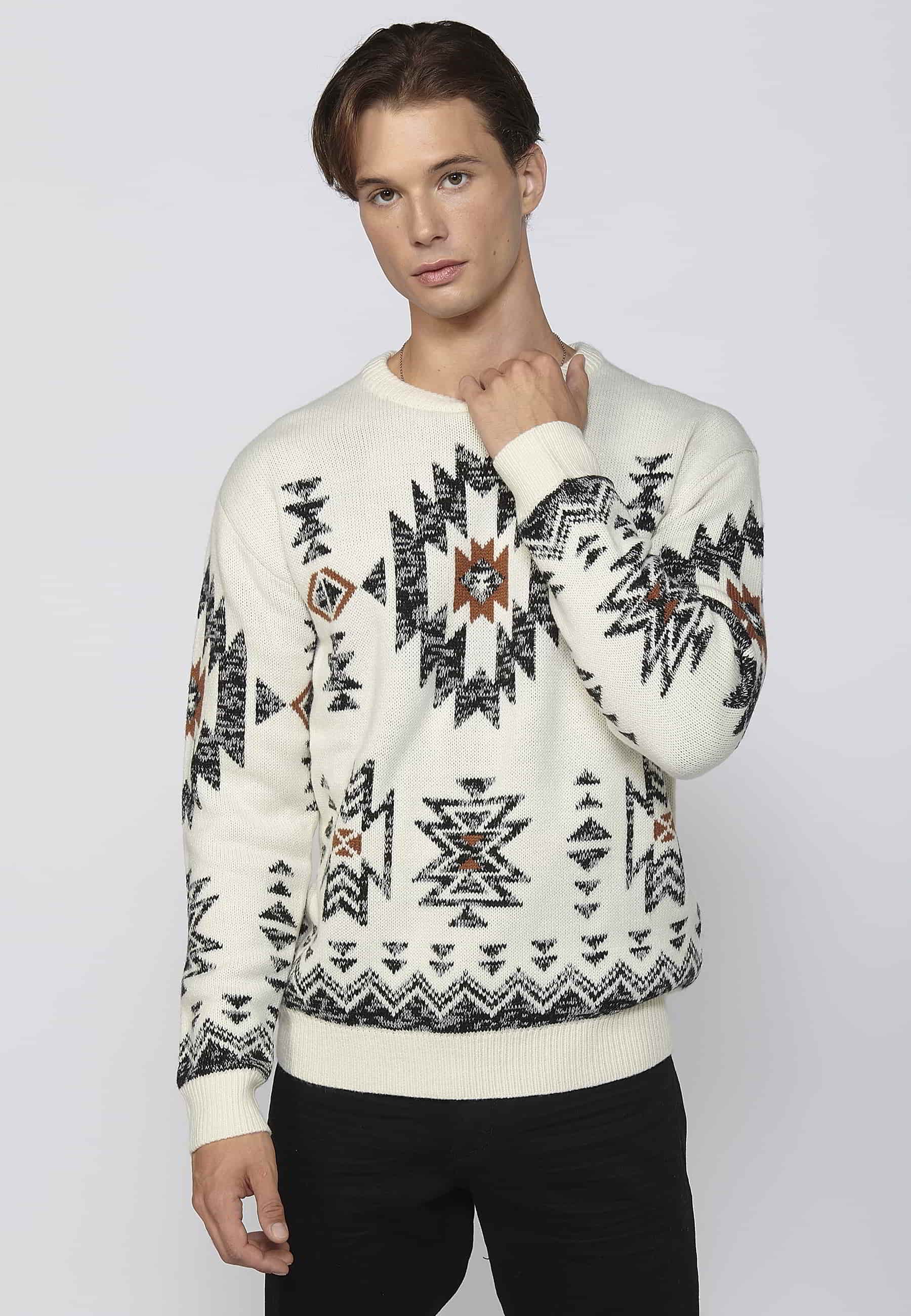 Jersey de punto grueso de manga larga con detalle étnico color crudo para hombre | Ropa Casual