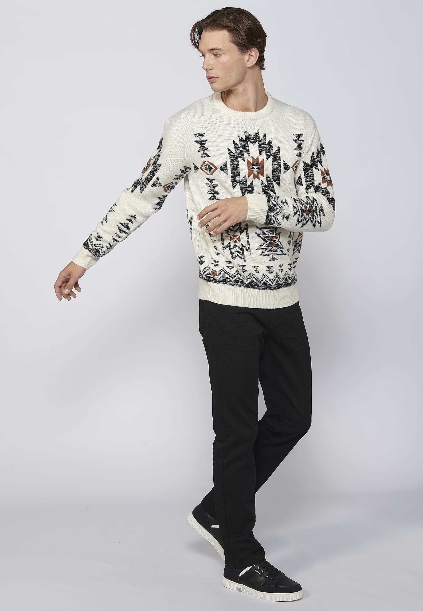 Jersey de punto grueso de manga larga con detalle étnico color crudo para hombre | Ropa Casual