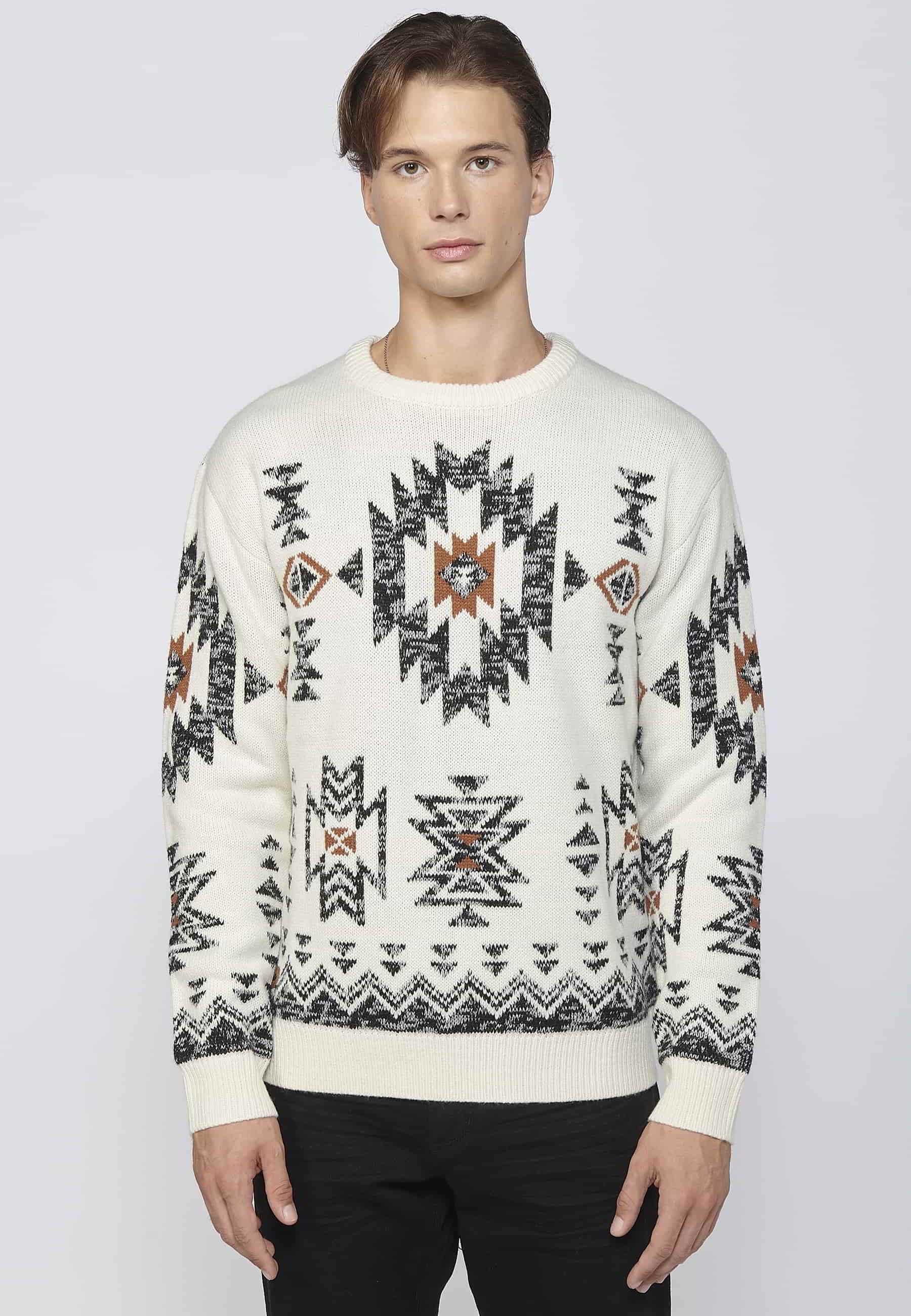 Jersey de punto grueso de manga larga con detalle étnico color crudo para hombre | Ropa Casual
